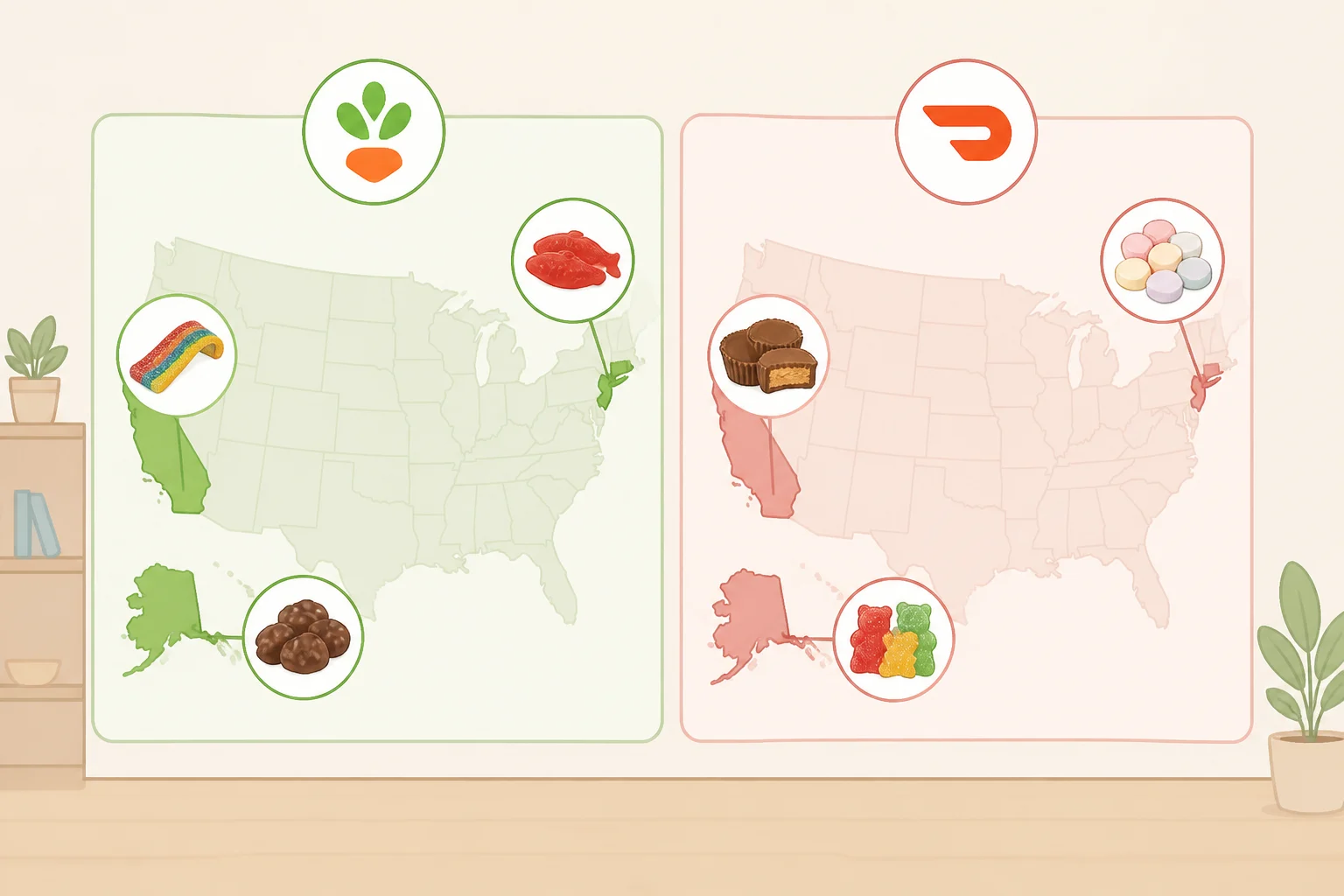 Side-by-side map comparison of Instacart and DoorDash standout Halloween candies showing Alaska tied to HI-CHEW vs Lindt, California tied to HARIBO vs Red Vines, and Rhode Island split between Sour Patch Kids and Kinder Bueno