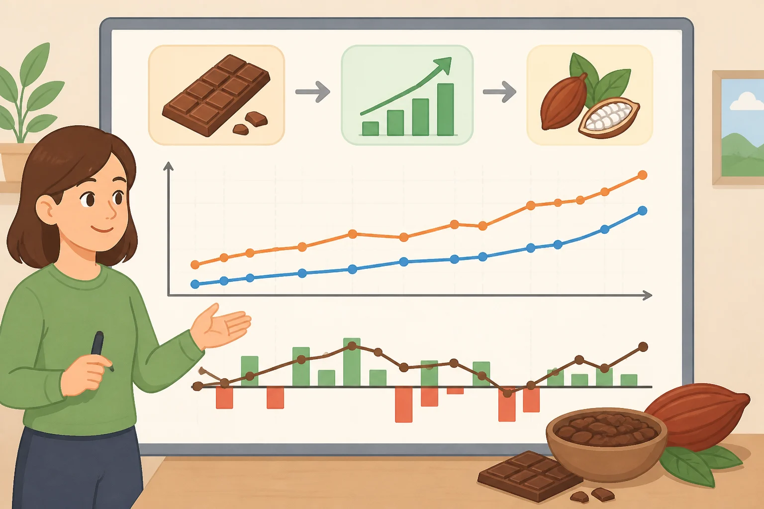 Line chart showing chocolate retail prices rising nearly 30% year over year and about 78% over five years, alongside cocoa futures moving from above $12,000 per ton in late 2024 down to around $6,000 by last fall