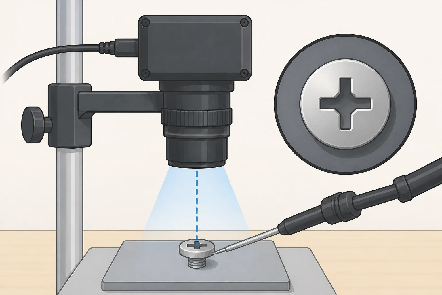 The Arrowmax Arrowspace S1 AI electric screwdriver photographing a screw head with its rear-mounted camera and deployable probe to keep the shot in focus