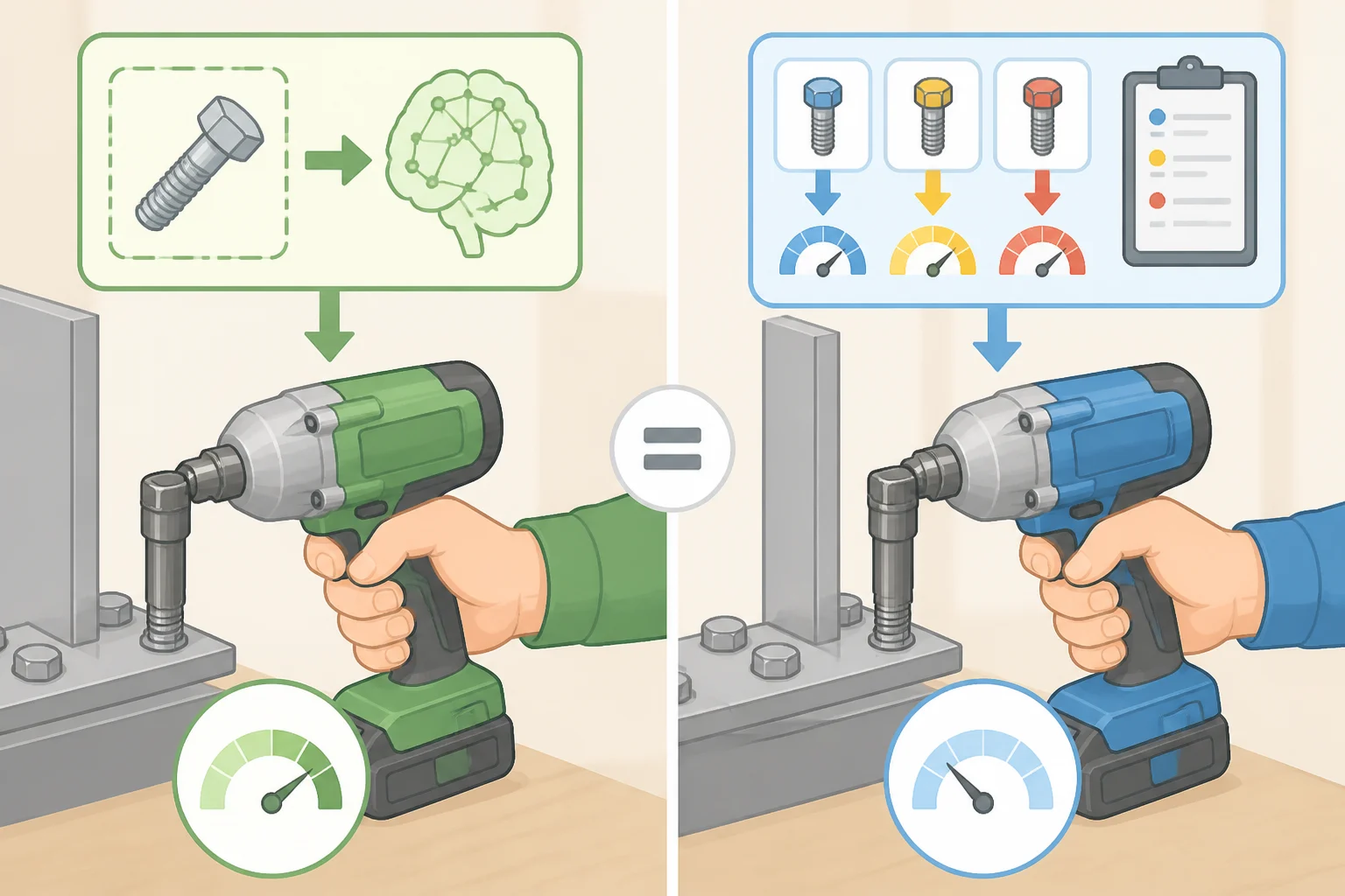 Diagram contrasting camera-based screw lookup against pre-set torque modes that automatically apply a torque range after identification