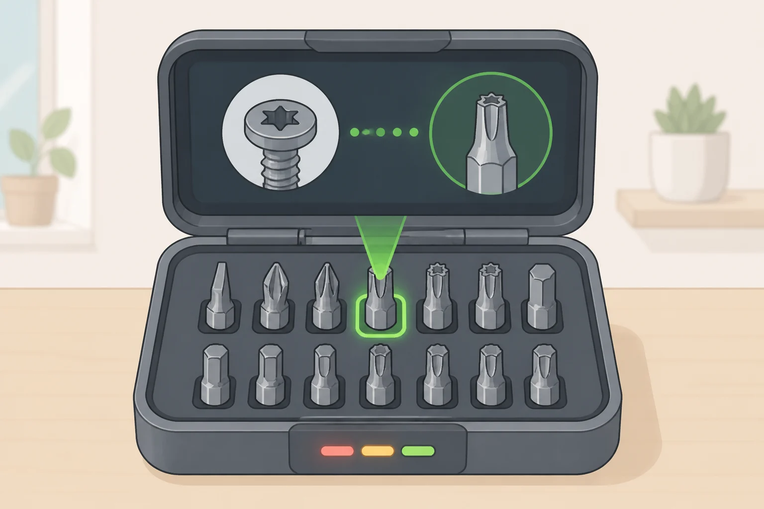 Arrowmax Smart Case with a 2-inch TFT screen showing screw profile and green primary/ yellow backup highlights while an LED illuminates the correct bit slot