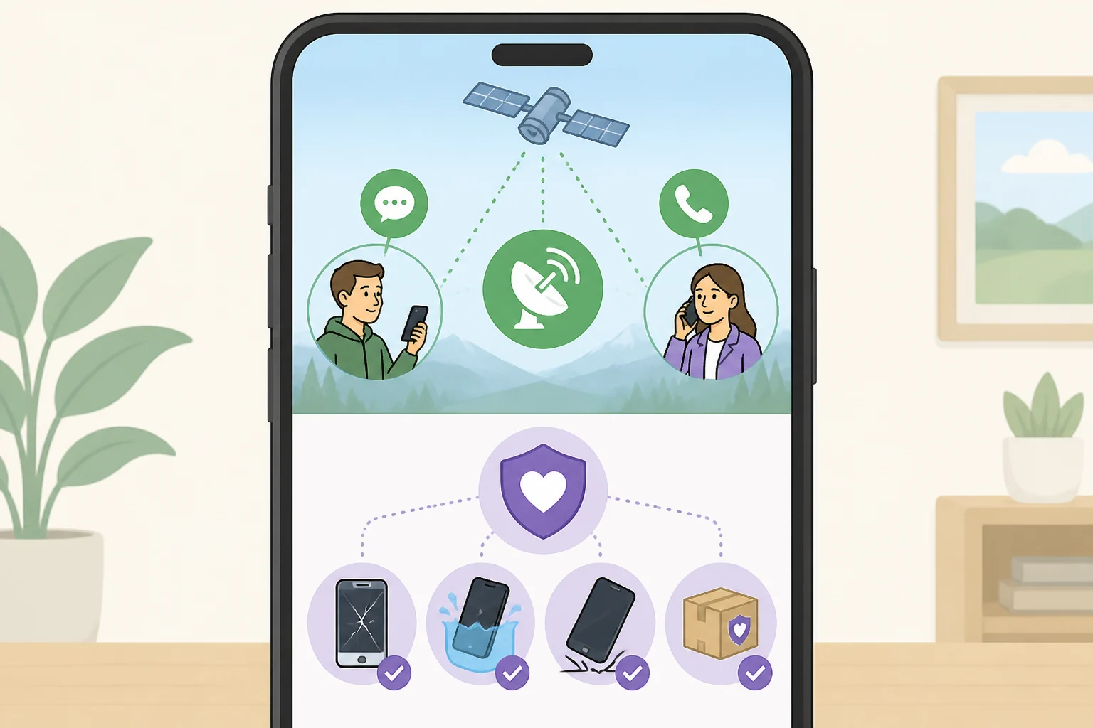 Illustration of the W27 satellite communication feature alongside a Samsung Care+ benefits card showing discounted screen replacement, battery replacement, and free screen protector