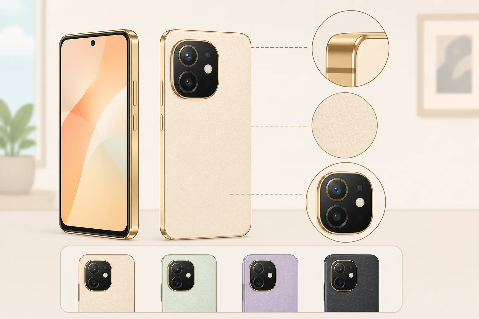 Labeled illustration of the Samsung W27 premium design showing the gold-colored frame, textured finish, Jihu Blue and Jixia Hong rear cover options, and the distinct camera island