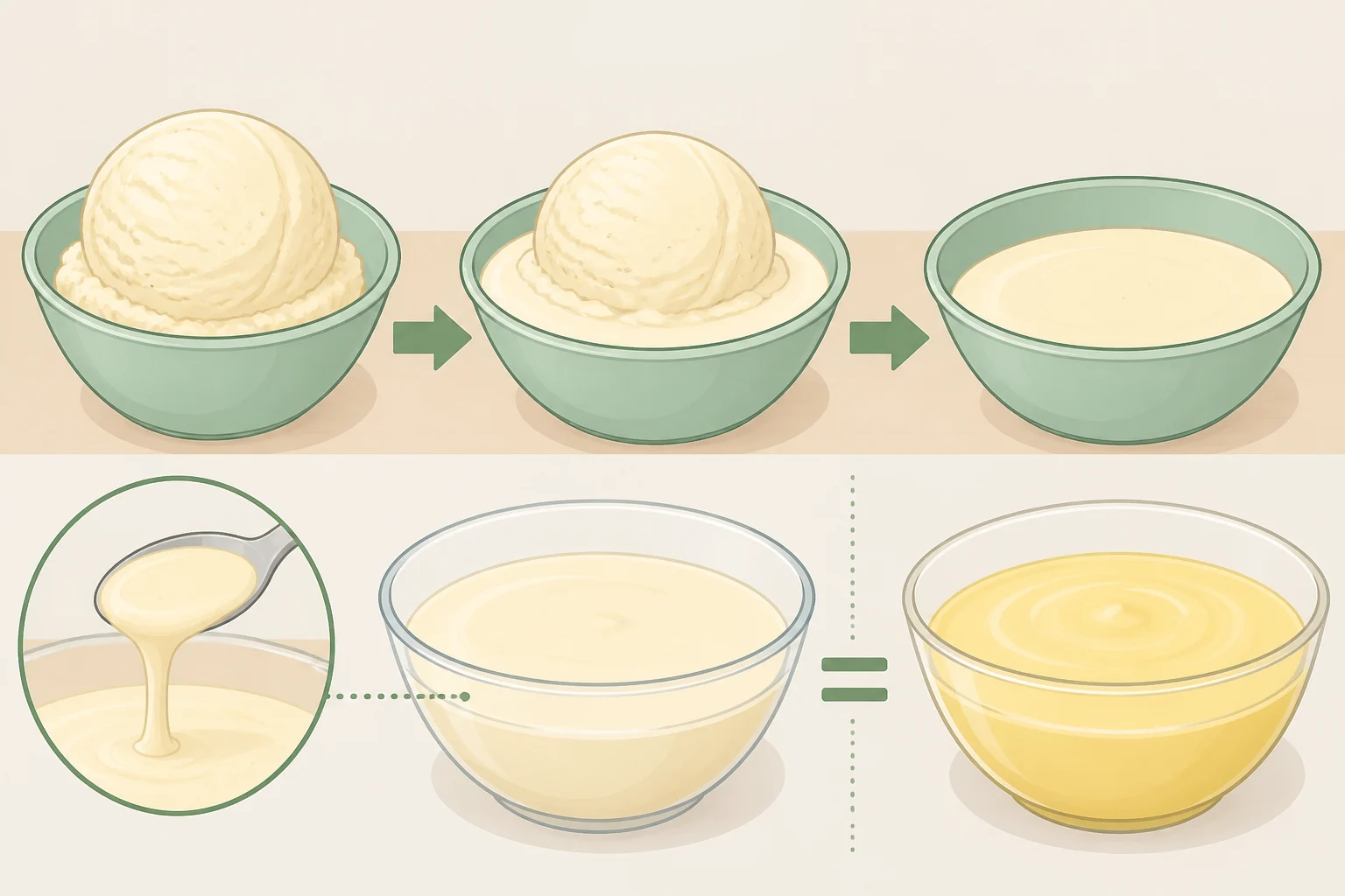 Close-up of melted French vanilla ice cream pooling on a plate, showing a thin custard-like consistency that replaces traditional French toast soak (Jacques Pépin ice cream French toast)