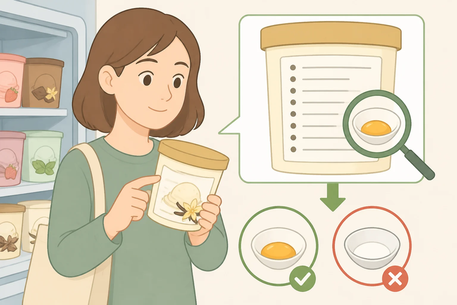 Hand holding an ice cream container label with an ingredient list highlighting egg yolks suitable for French toast custard effect