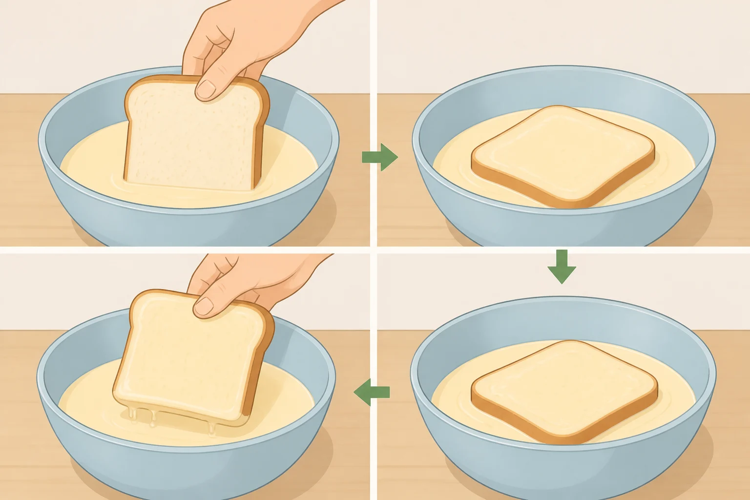 Person dipping a slice of firm white bread into melted vanilla ice cream and turning it to coat both sides evenly