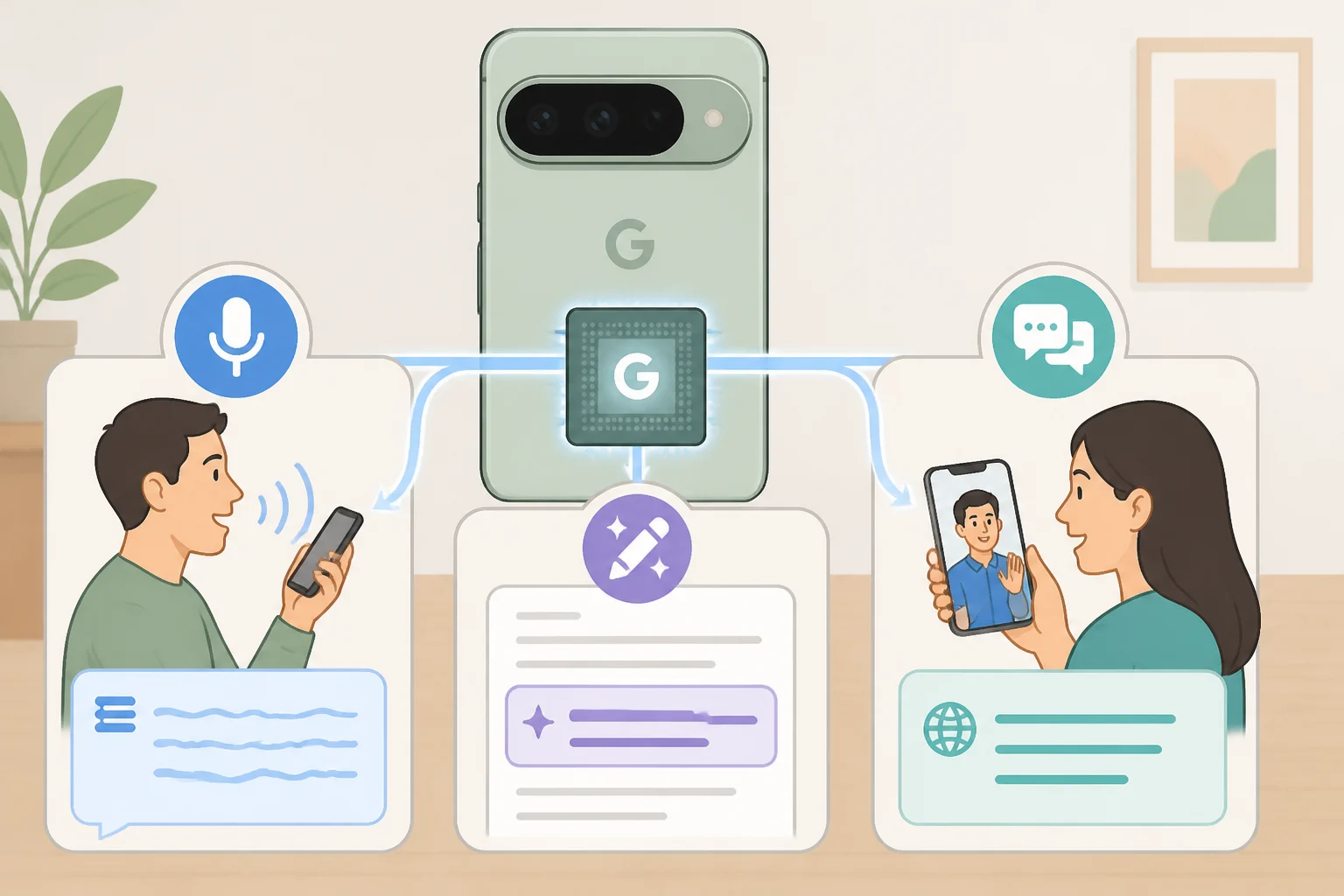Diagram of Pixel 11 AI features powered by the Tensor G6 chip, highlighting voice-to-text cleaning, writing assistance, and Live Translate working across media