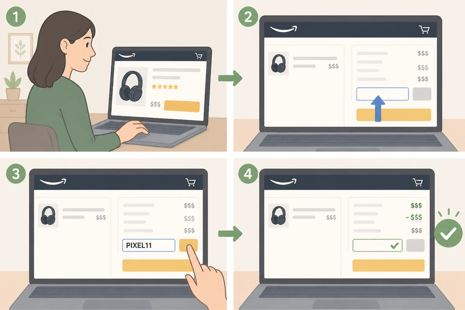 Screenshot-style illustration of an Amazon checkout page showing the Pixel 11 promo code field and discount total, including the Pixel 11 $200 discount context