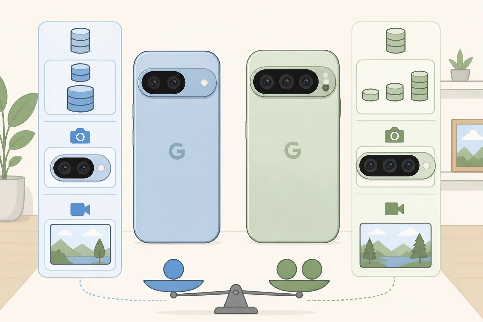 Comparison chart illustration showing Pixel 11 storage (256GB/12GB), missing Pro camera features (e.g., Video Boost/Pro Stable Video), and charging caps versus Pixel 11 Pro limitations