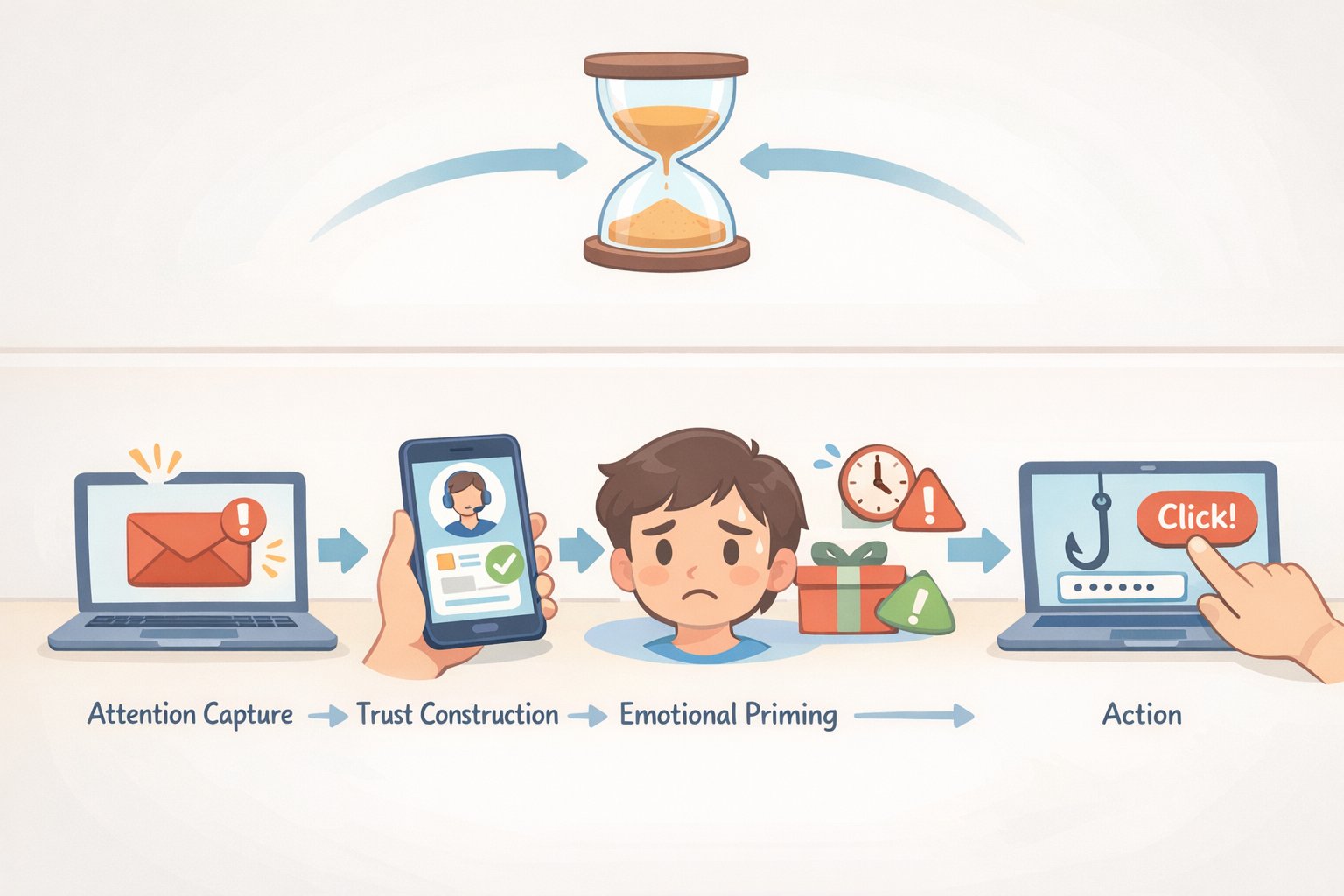 Illustration of the four-stage cognitive sequence in phishing attacks: attention capture, trust construction, emotional priming, and behavioral elicitation during a busy workday
