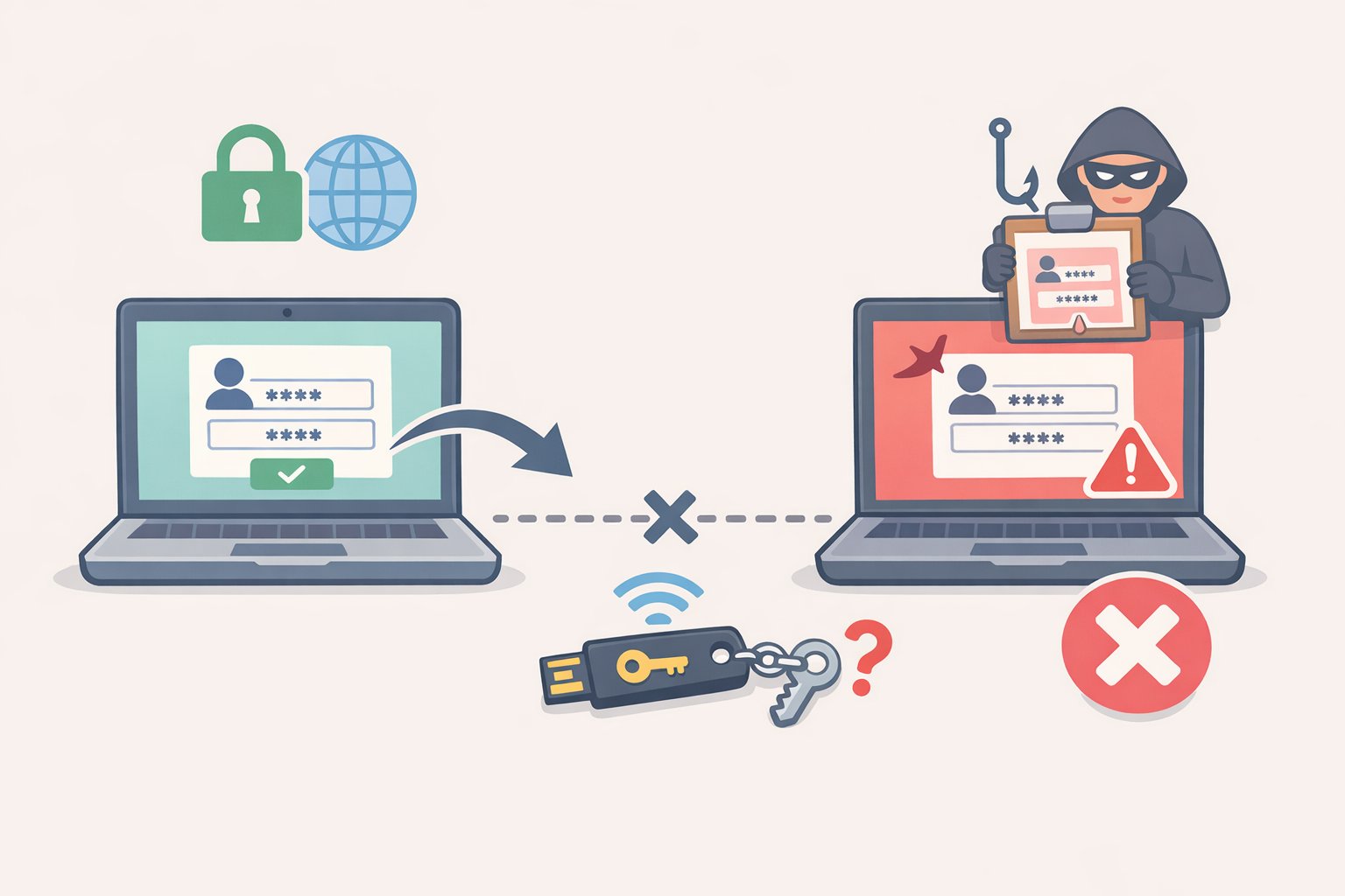Illustration of phishing-resistant MFA with FIDO2 keys: a phishing replica cannot capture or replay the hardware-bound cryptographic credential
