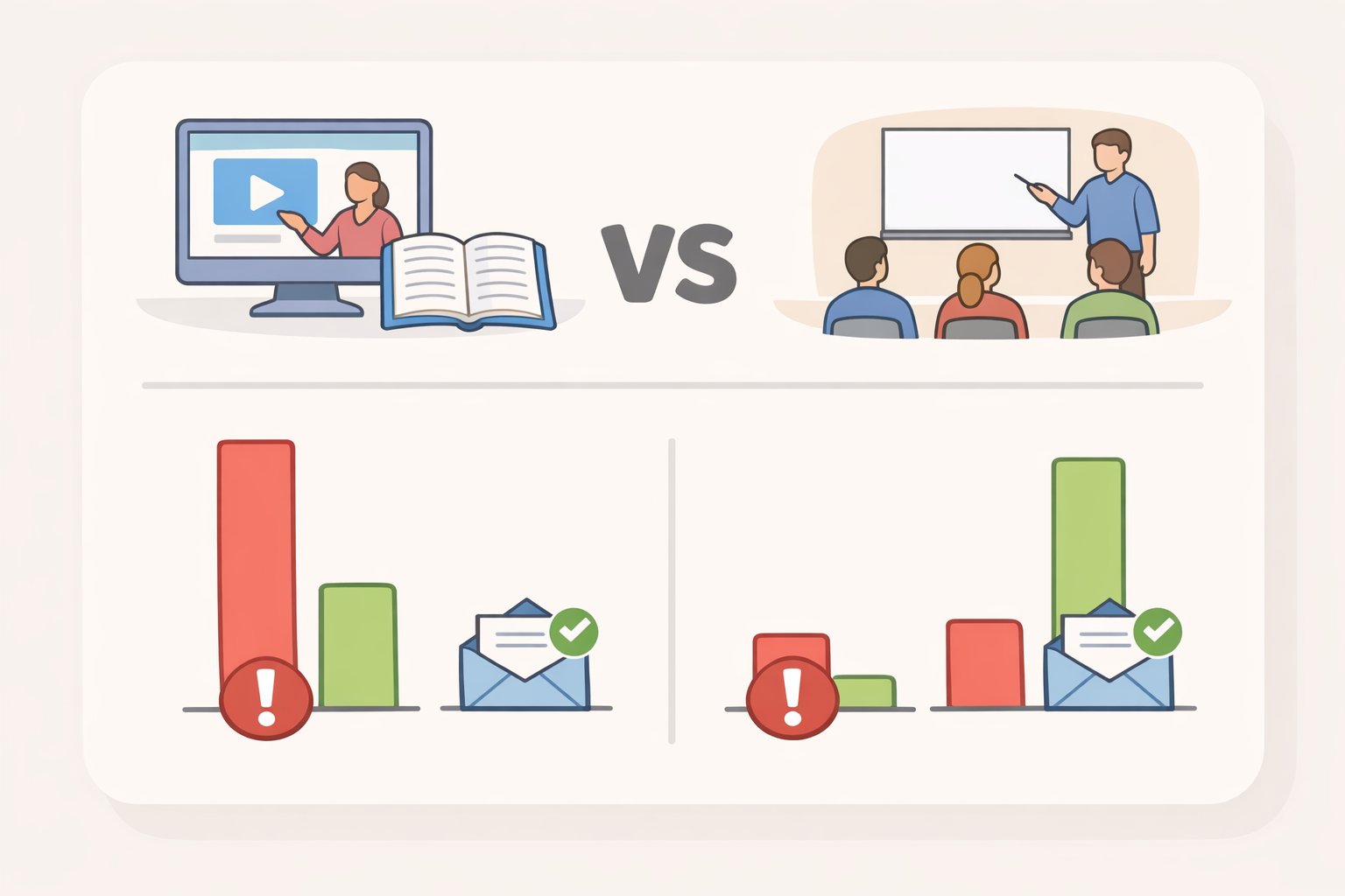 Chart-style illustration comparing lecture versus interactive phishing training outcomes with non-significant reductions in click rates and reporting rates