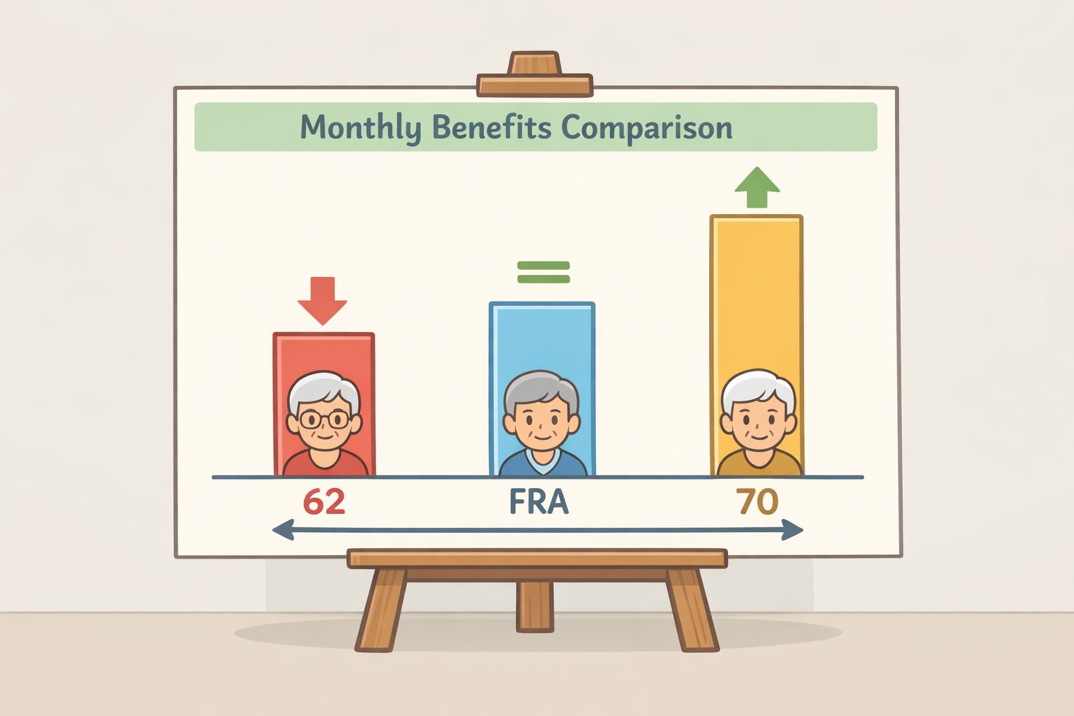 Bar chart showing how a reduced monthly Social Security benefit works when claiming early (62) versus full retirement age and delayed retirement (70)