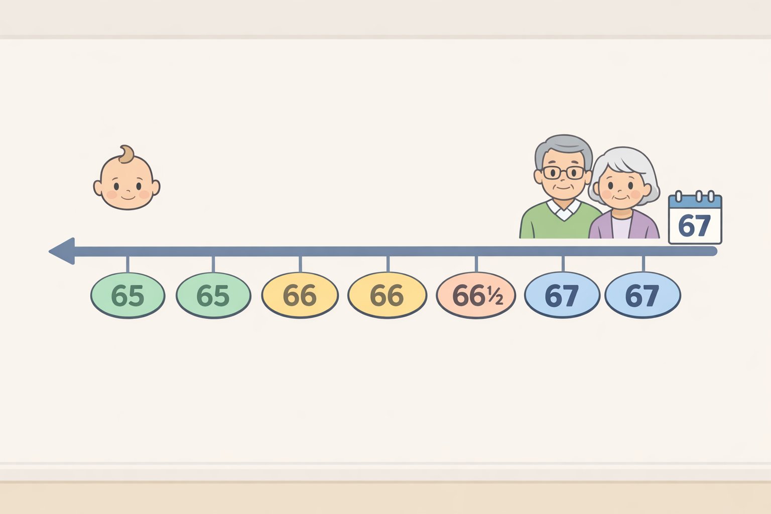 Timeline illustration mapping birth years to normal retirement age, including Social Security full retirement age 67 for people born in 1960 or later