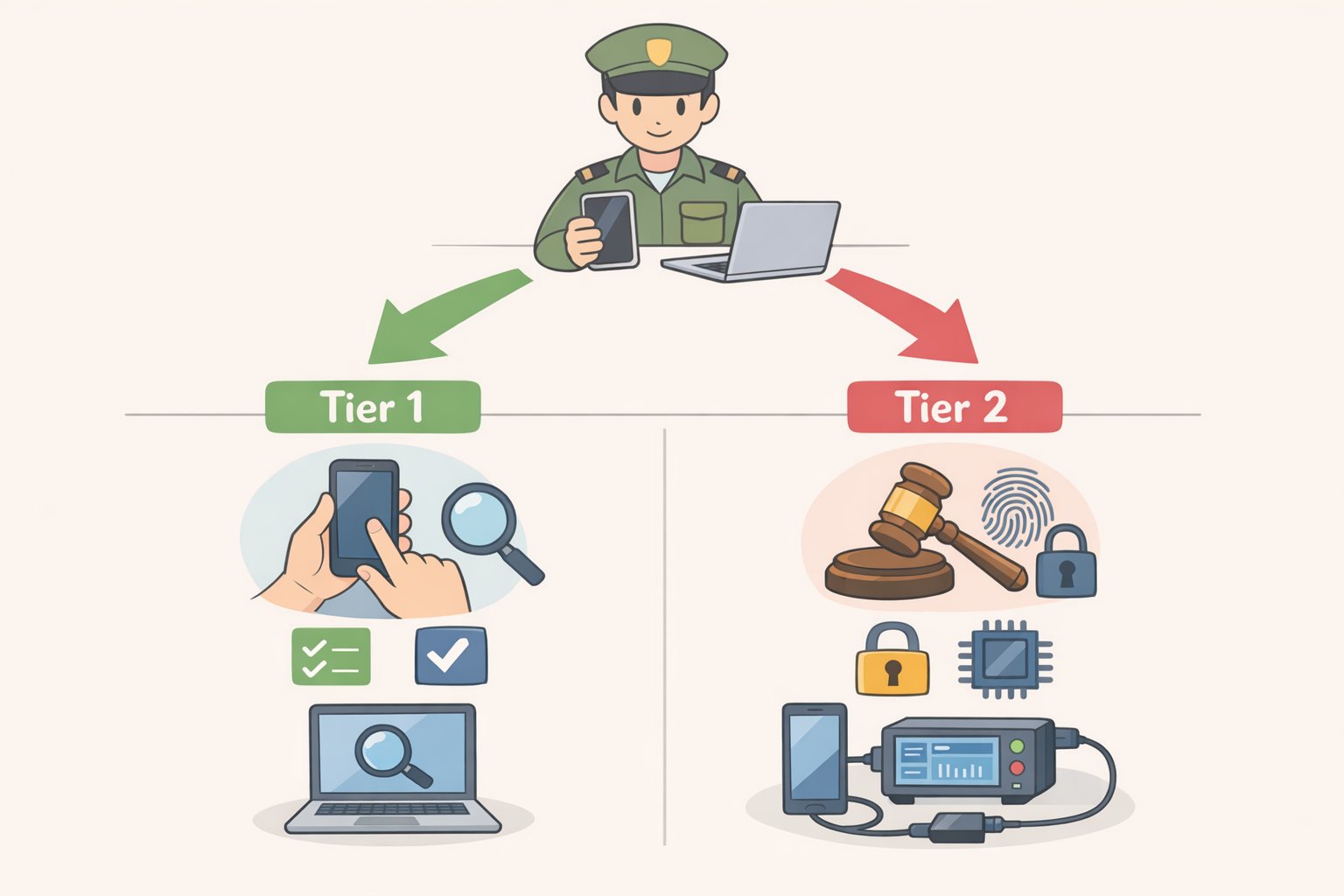 Flowchart explaining phone privacy when traveling internationally: basic manual scrolling vs advanced forensic device searches that require supervisory approval—useful for understanding how to protect your phone at border control