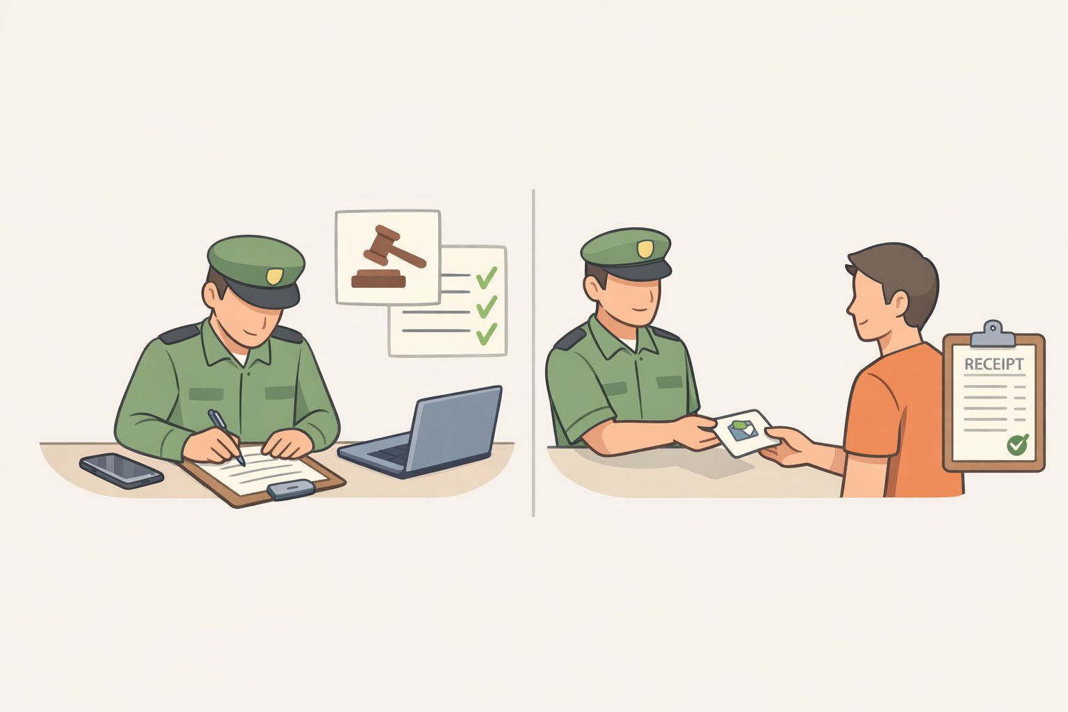 Illustration of a traveler at a U.S. border checkpoint stating non-consent to search and recording Form 6051D custody receipt details if the phone is seized