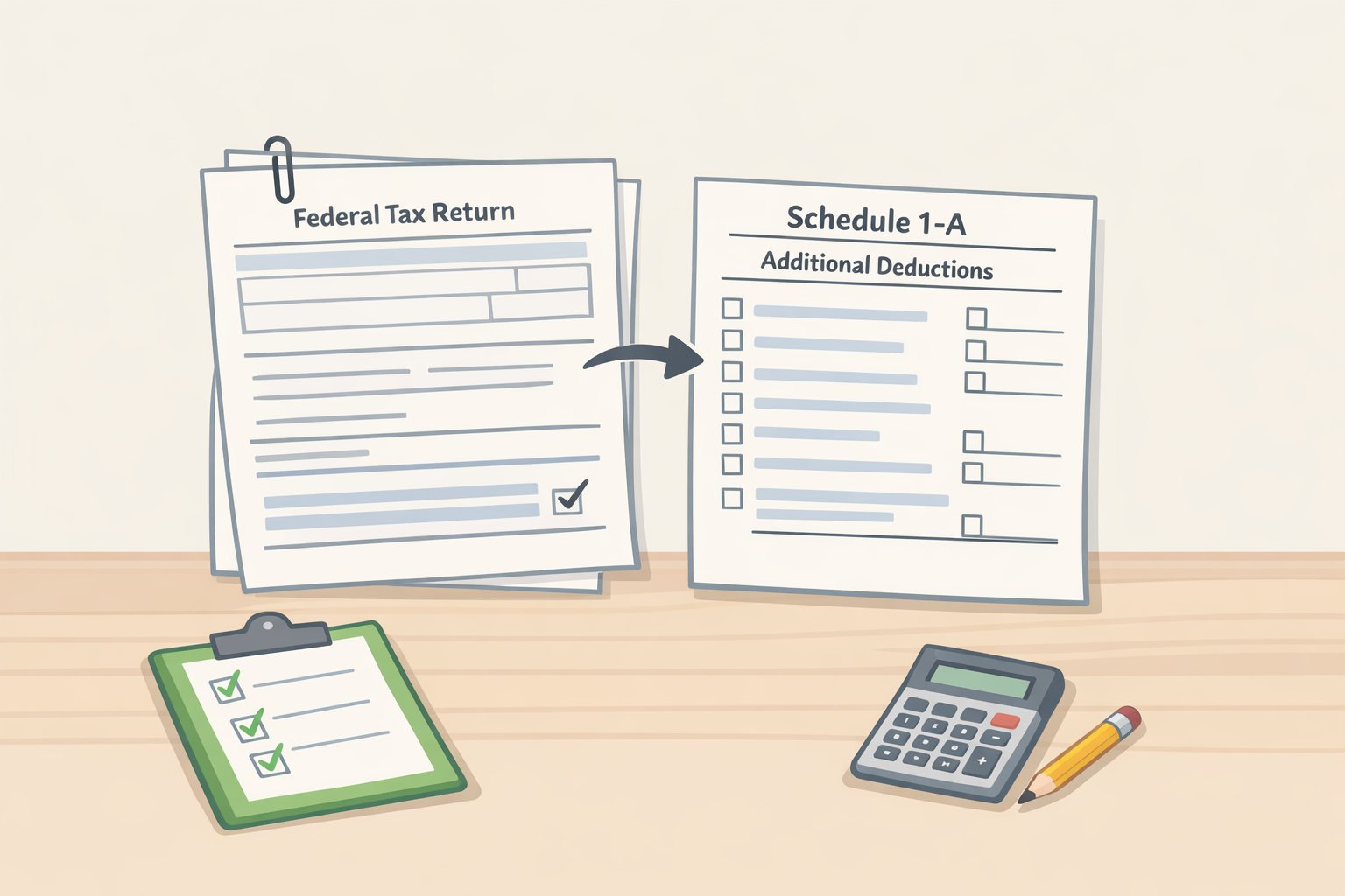 Tax preparation screenshot-style illustration of federal return pages with Schedule 1-A (Additional Deductions) highlighted to claim the social security retiree tax deduction.