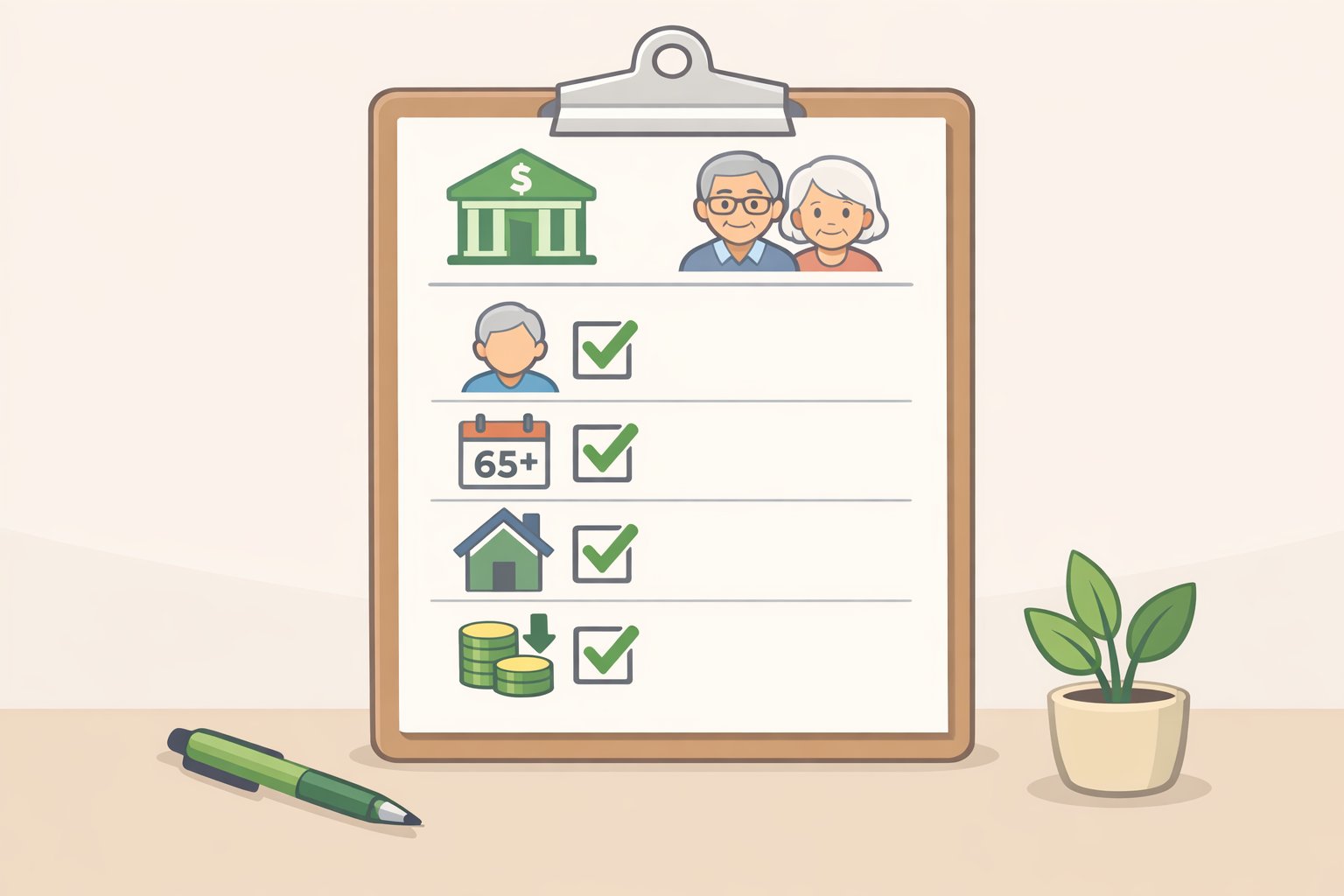 Checklist-style illustration of the four eligibility rules for the social security retiree tax deduction: age 65 or older, valid work-authorized Social Security number, filing jointly when married, and staying under the MAGI phaseout limits.