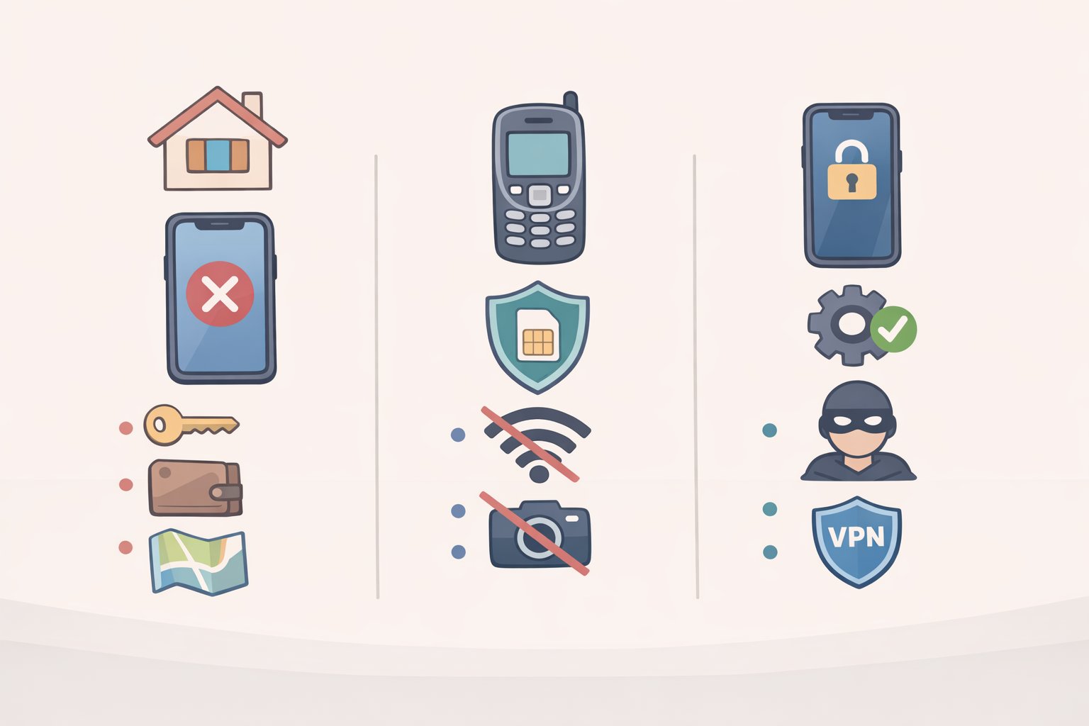 Phone privacy at protests infographic comparing Option A leave your phone home, Option B use a secondary protest phone, and Option C harden your primary phone
