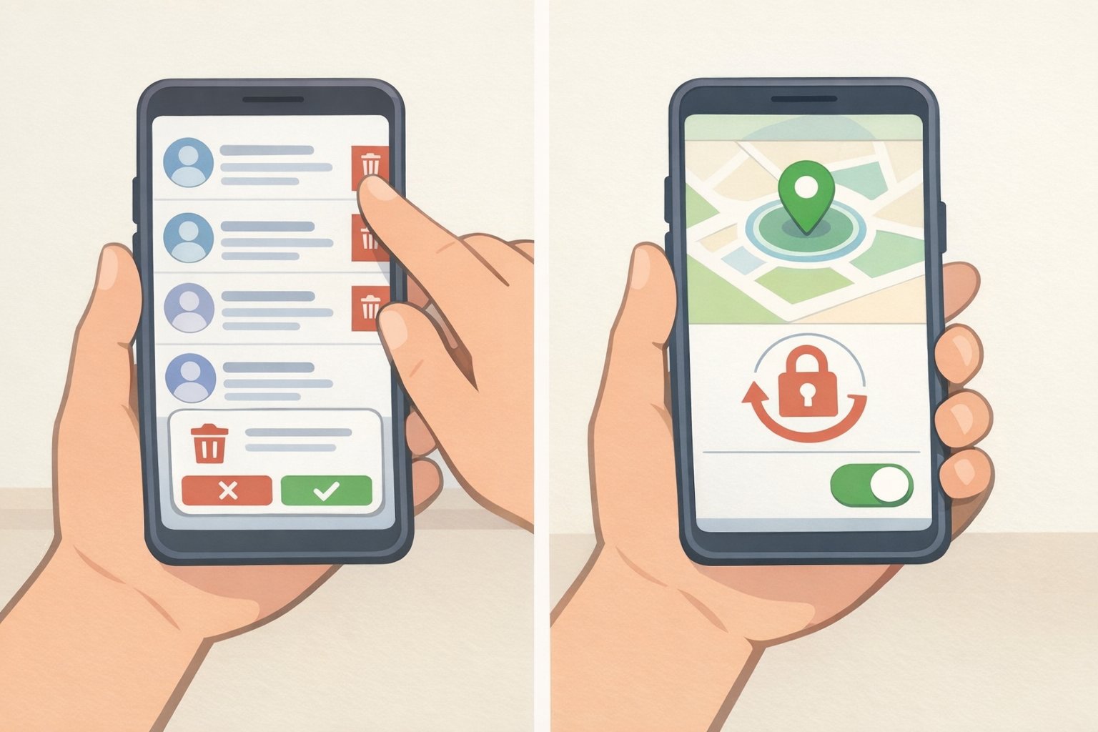 Post-protest cleanup checklist on a phone, showing Signal threads deleted and remote wipe enabled via Find My or Find My Device