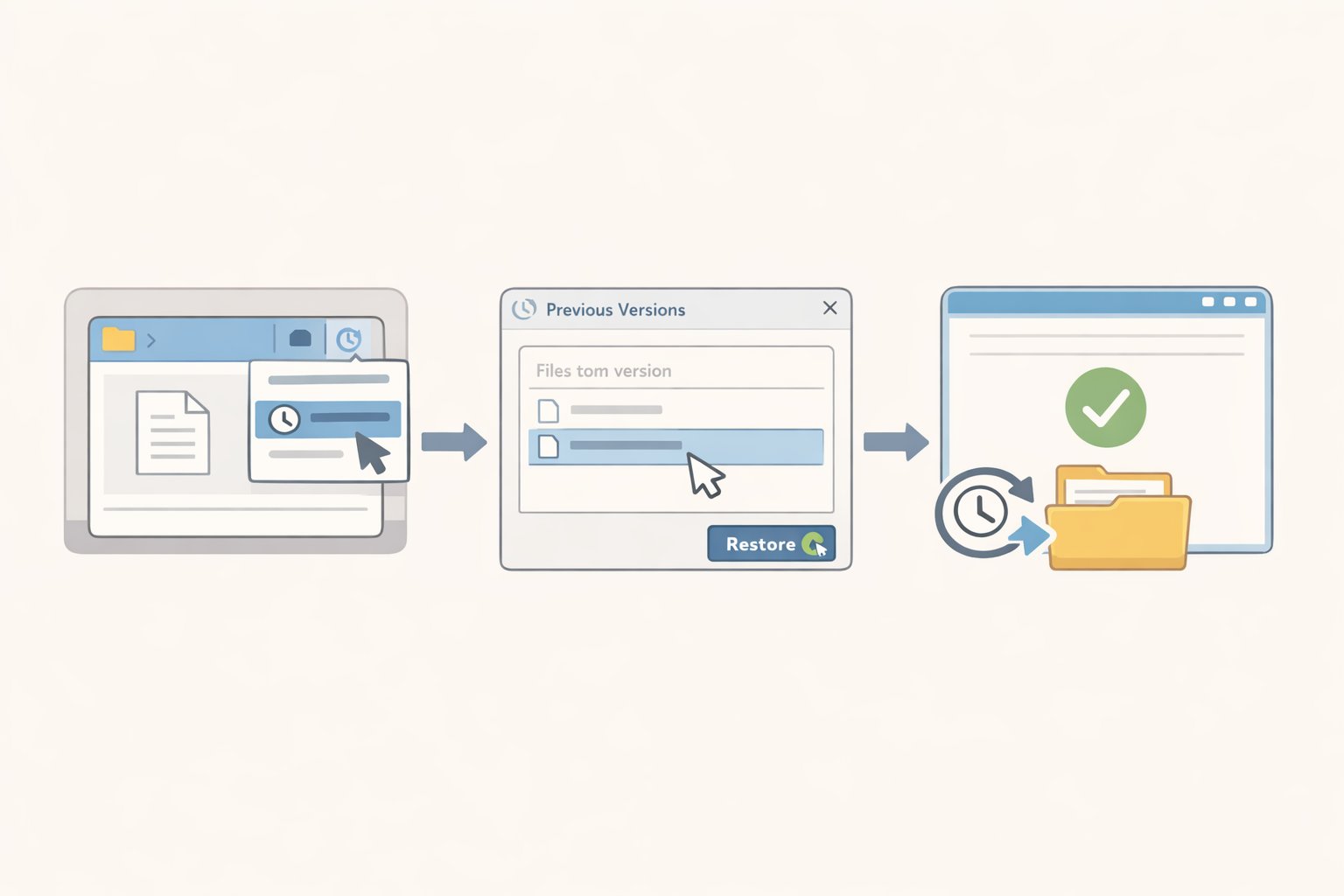 A close-up of File Explorer right-clicking a folder to open the Previous Versions tab, then choosing Open in File History to preview and confirm restoration