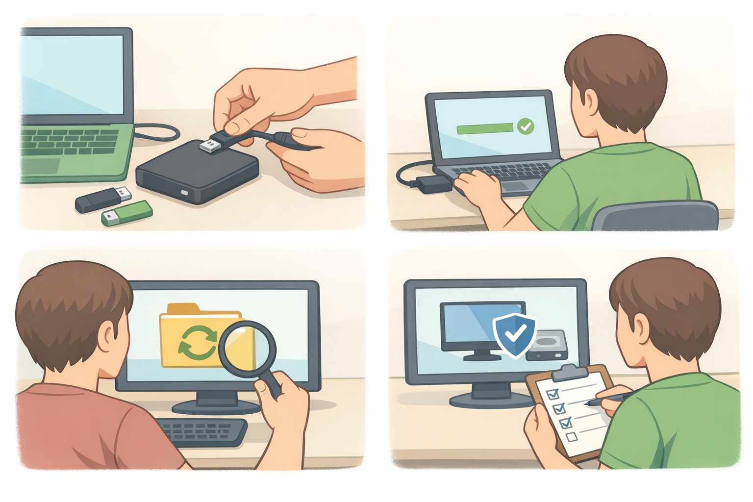 A visual monthly maintenance checklist showing Plug in drive, verify Last Backup timestamp, create a fresh system image, then unplug the external drive for offline ransomware protection