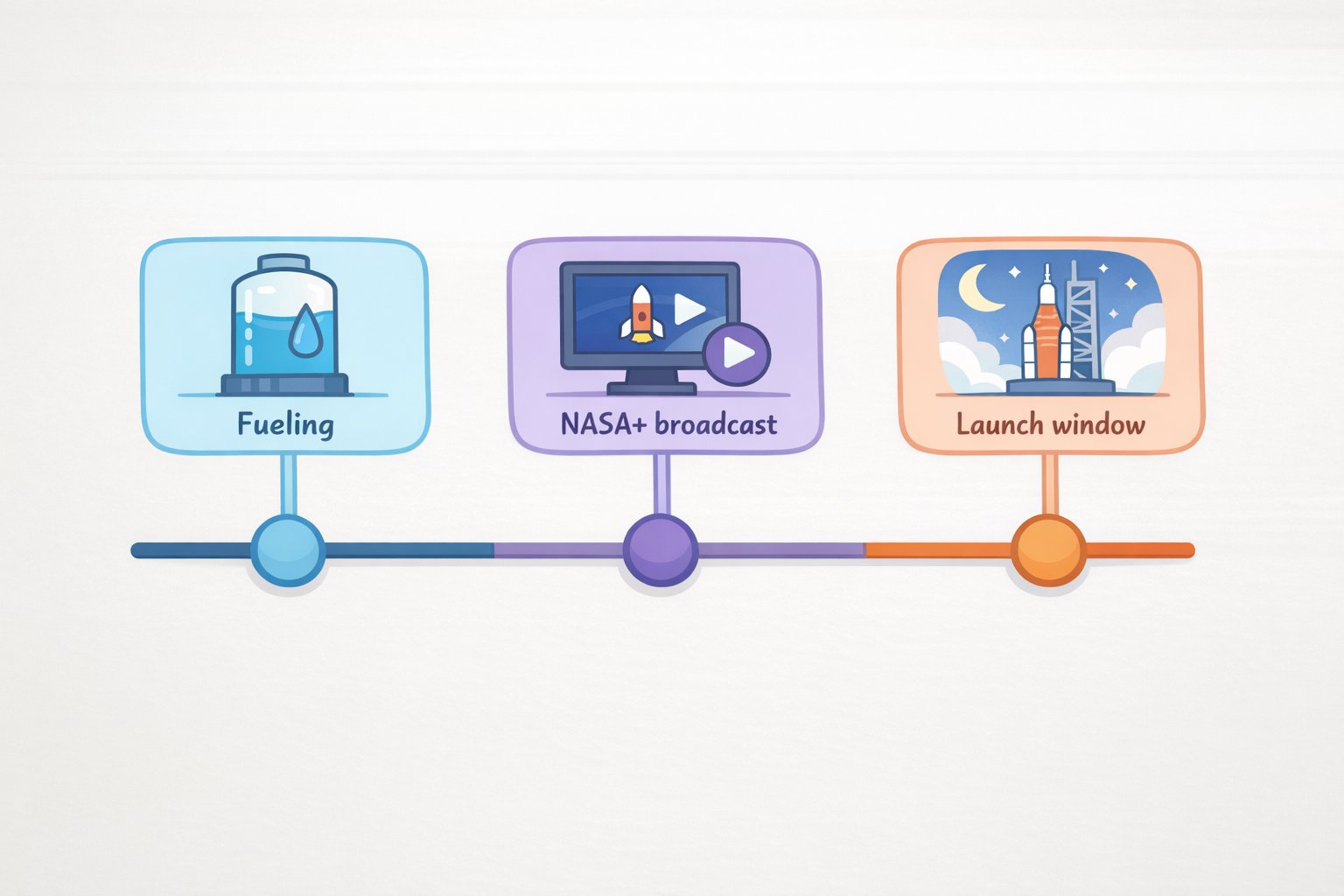 Timeline of how to watch Artemis II launch live on April 1, showing 7:45 a.m. EDT on NASA YouTube, 12:50 p.m. EDT on NASA+, and the 6:24 p.m. EDT two-hour launch window