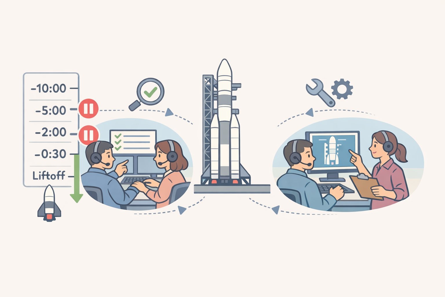 Countdown diagram illustrating normal built-in holds during Artemis II prelaunch, with system-check checkpoints before resuming toward liftoff