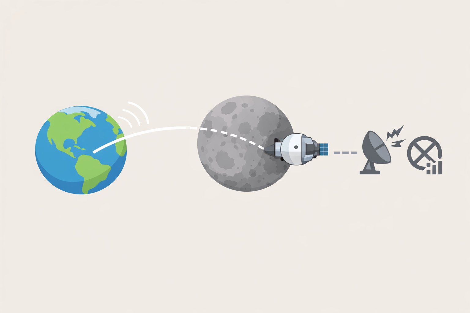 Space graphic of Orion traveling past the Moon’s far side where contact with Earth pauses for 30 to 50 minutes during Artemis II
