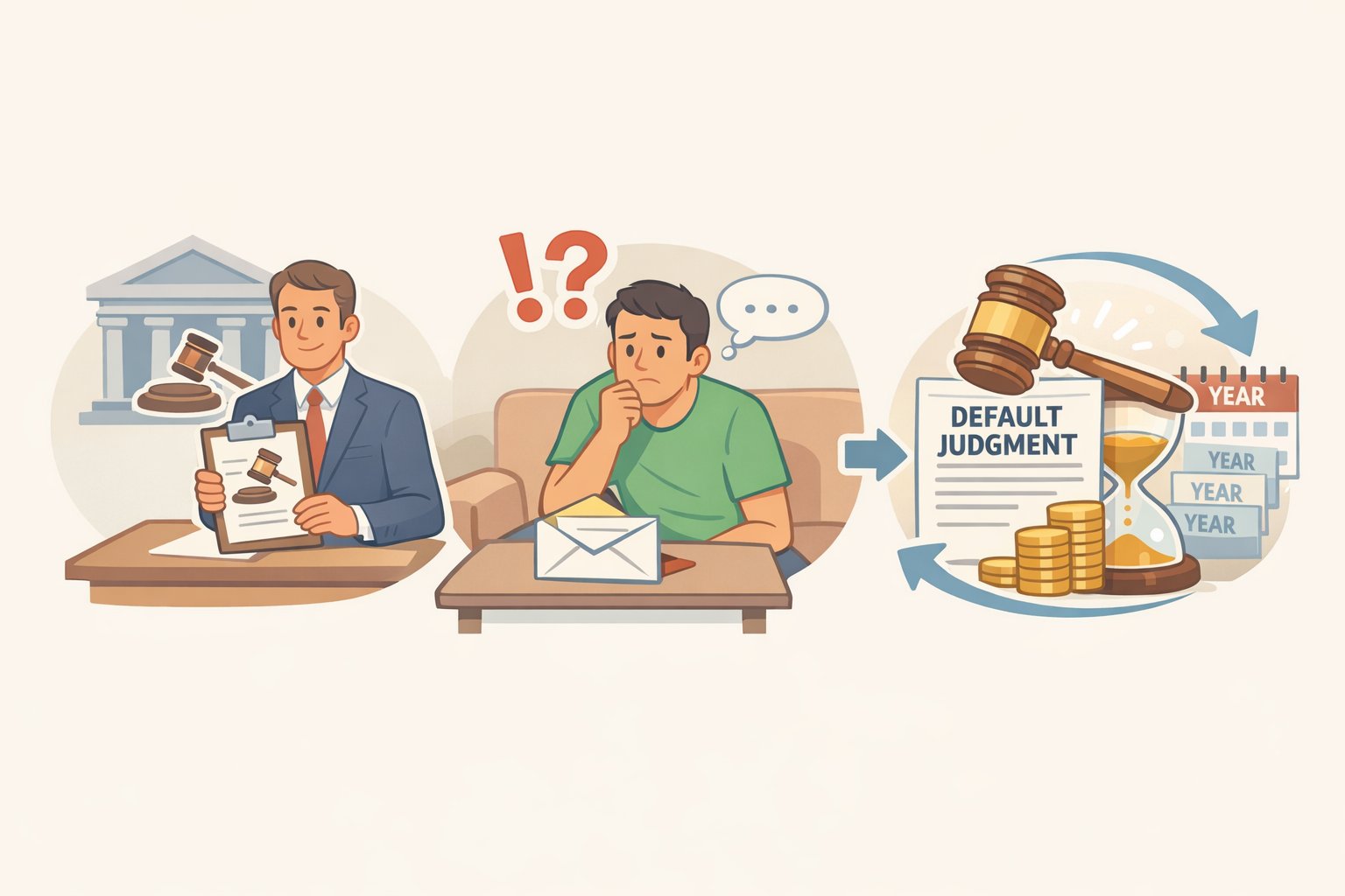 Flowchart depicting how leaving the country does not stop debt collection when a creditor sues, obtains a default judgment, and then renews enforcement over time