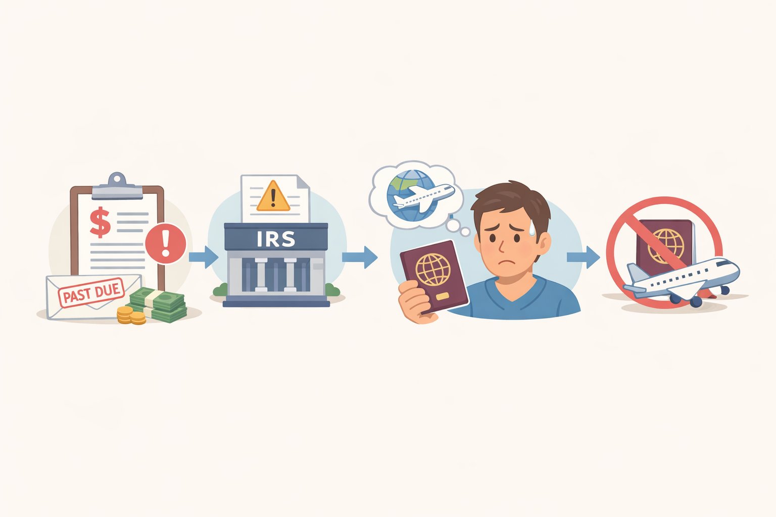 Infographic linking IRS tax debt to information-sharing, passport certification, and potential passport denial or revocation for someone living abroad