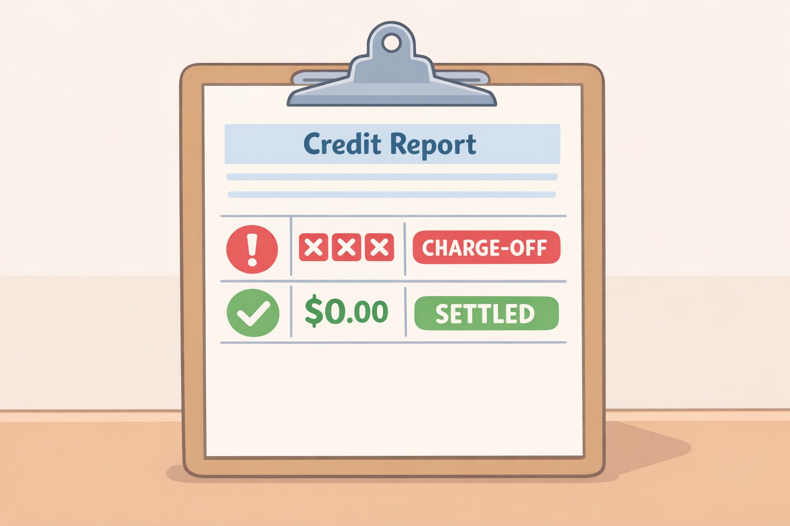 Illustration of a timeline where a credit card charge-off occurs after delinquency and the credit report remains for years even after the balance is settled