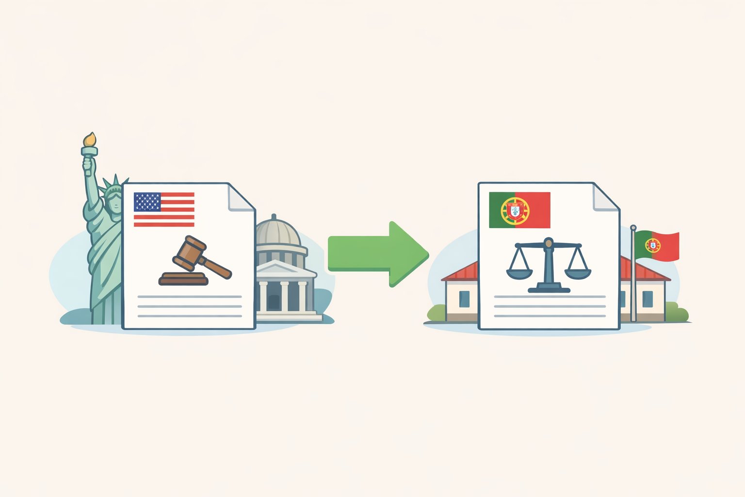 Diagram explaining does debt follow you to another country by moving from a U.S. court judgment to a Portugal recognition and enforcement process
