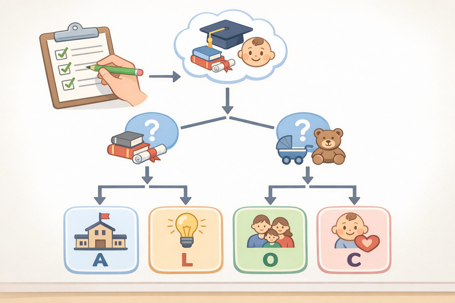 A simple decision tree helping parents choose between AOTC, LLC, ODC, and CDCTC based on whether the child is in college, age 17-plus, or requires paid care