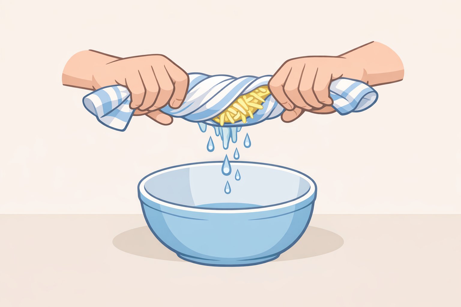 Photo sequence of grated russet potato shreds piled on a clean kitchen towel and being firmly wrung over a sink to extract liquid