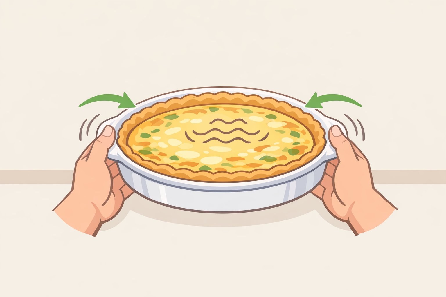 Illustration of a baked quiche showing fully set outer two-thirds with a slight wobble only in the center 1–2 inches during the jiggle test