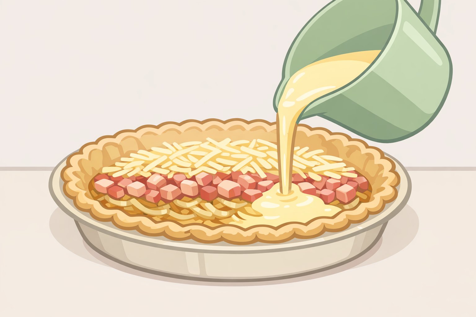 Step-by-step graphic of a par-baked potato crust filled with cooked onions, crispy pancetta, Gruyère, and then topped with egg-and-cream custard