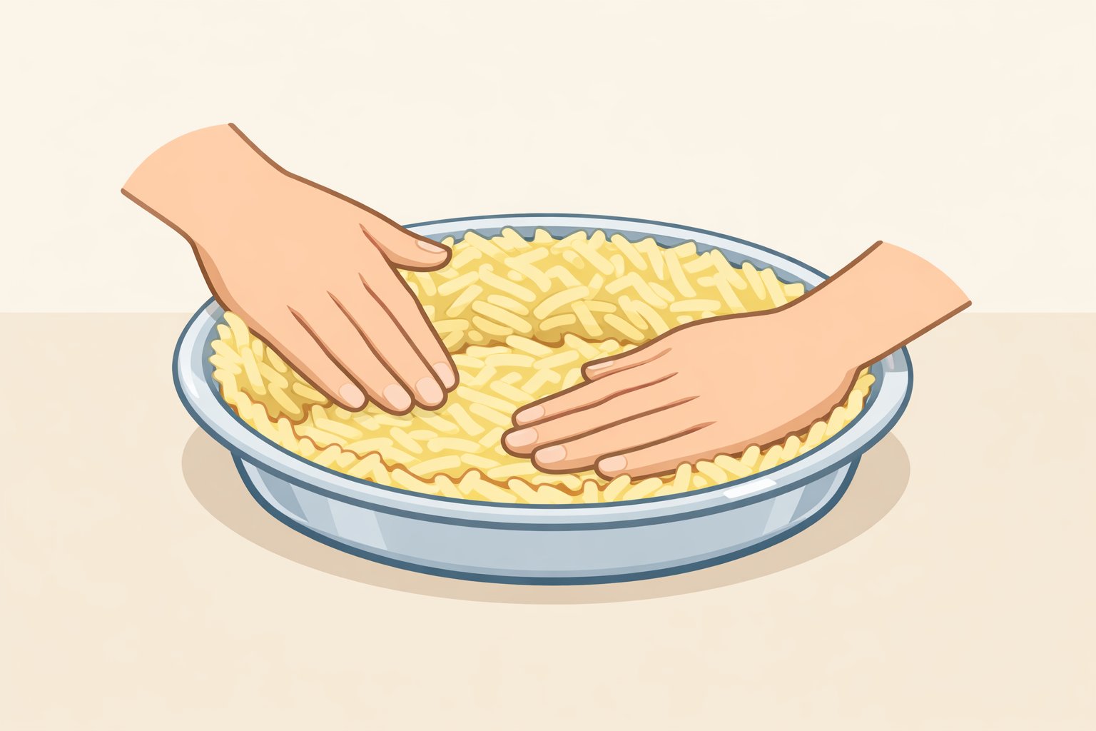 Illustration showing russet potato shreds tightly pressed into a greased 9-inch pie dish to form a 1/4-inch crust with filled corners and smooth side walls