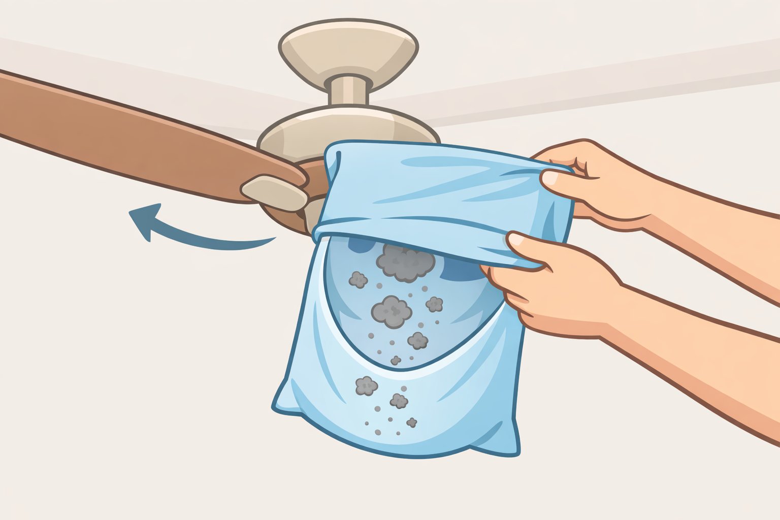 Illustration of how to trap dust from ceiling fan blades using a pillowcase before continuing the top-to-bottom dusting sequence