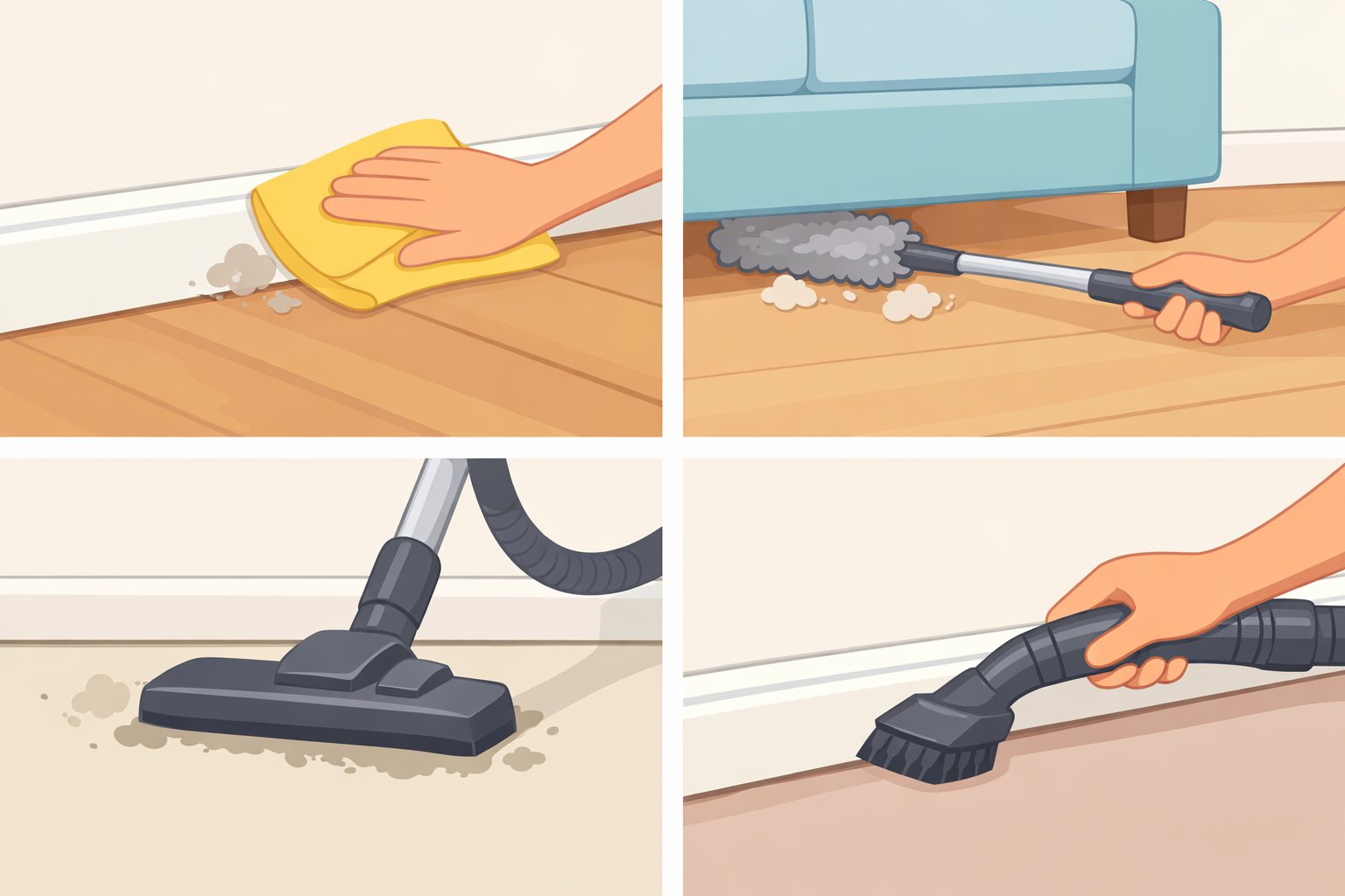 Illustration of the low-zone cleaning order—baseboards and under furniture—followed by vacuuming last with a brush attachment for better results when you start dusting your house
