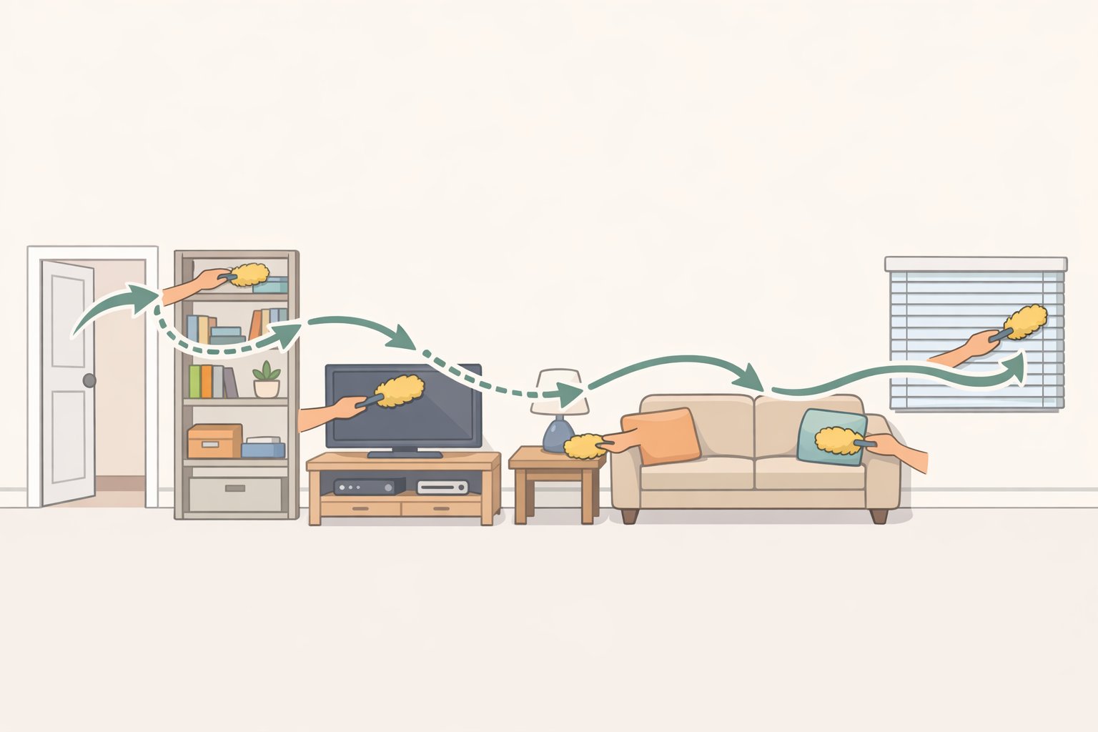 Illustration of the mid-level dusting route starting at the doorway and moving left to right and top to bottom for a consistent, no-recleaning workflow