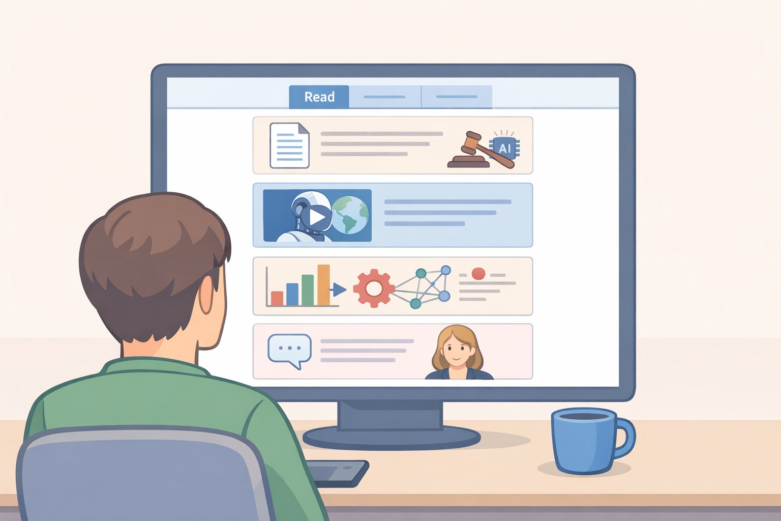Illustration of a finished Flipboard Surf feed layout showing blended sources (Bluesky, Mastodon, RSS, YouTube, podcasts) with the default Read view, demonstrating how to use Flipboard Surf effectively