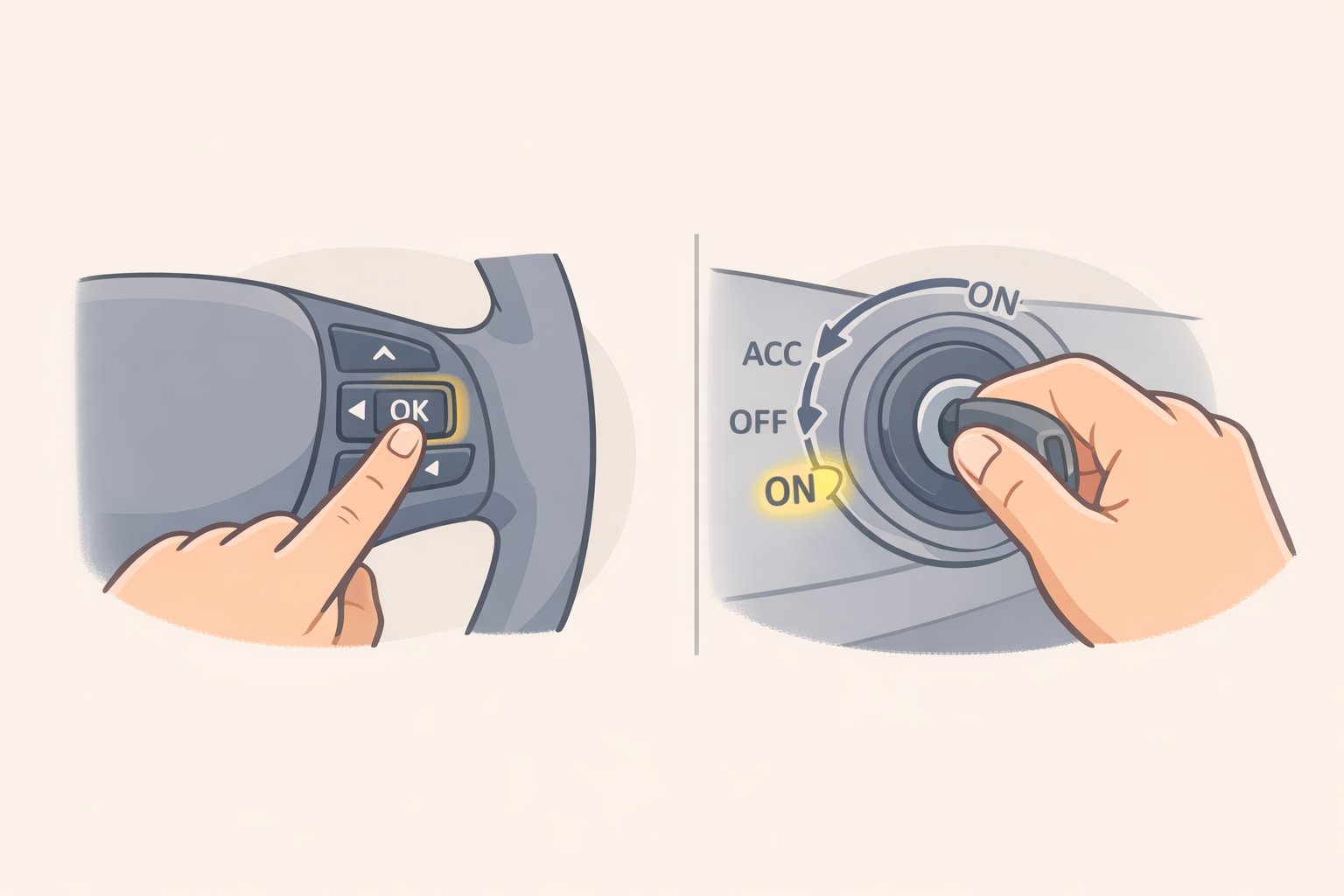 Ford F-150 hidden diagnostic menu access: the steering wheel OK button highlighted as the driver turns ignition to accessory/ON (engine off)