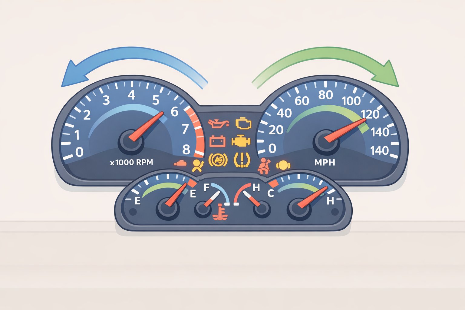 Illustration of the Ford F-150 instrument cluster performing an illumination sweep where all warning indicators light up and gauge needles move to check for stuck bulbs