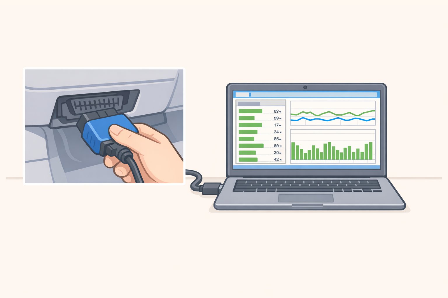 Illustration of a Ford F-150 OBD-II adapter connected under the dash while a laptop displays FORScan live data for deeper diagnostics