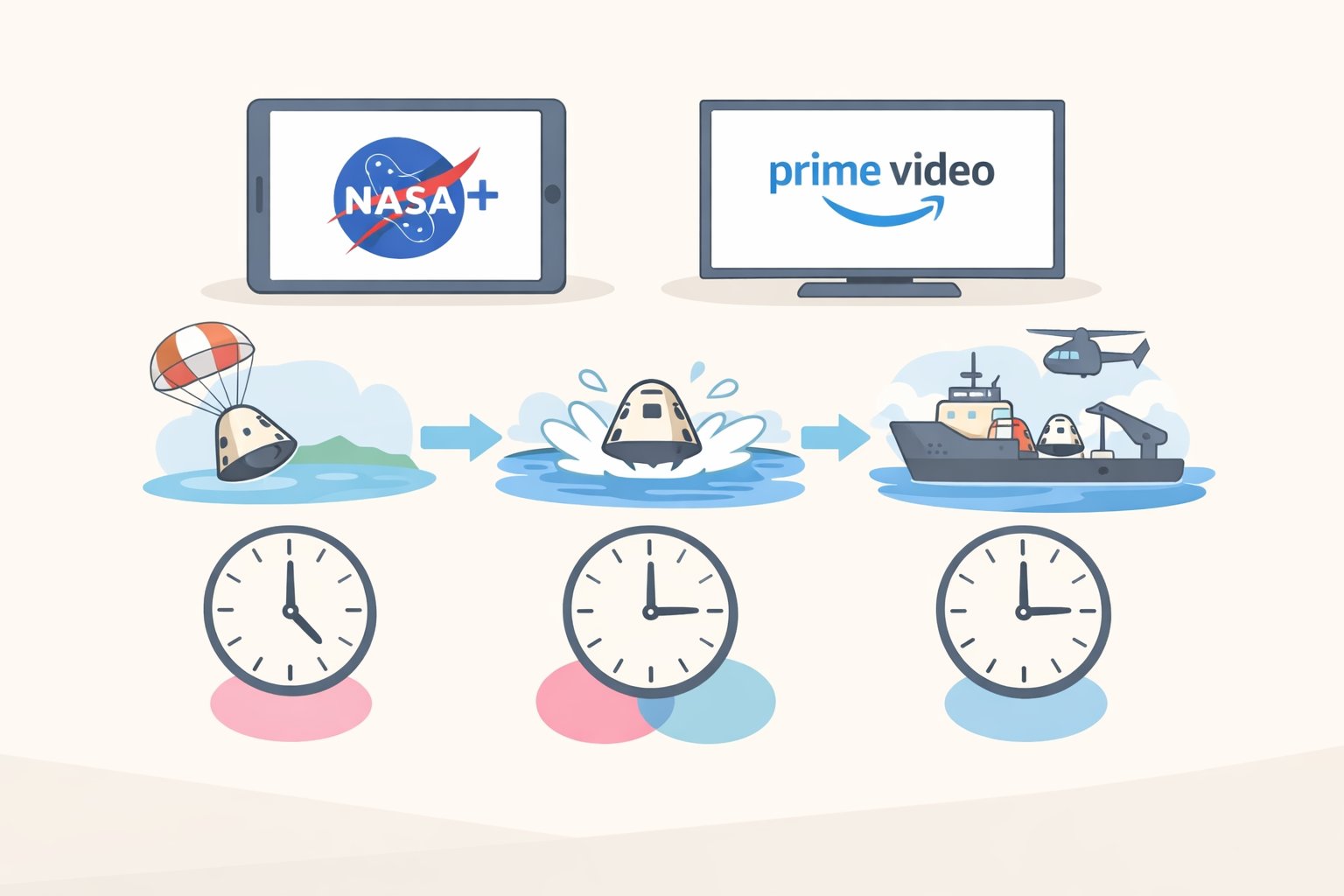 Timeline graphic for how to watch Artemis II splashdown live on NASA+ and Amazon Prime Video, highlighting 6:30 p.m. ET coverage, 8:06 p.m. ET splashdown target, and 10:35 p.m. ET news conference