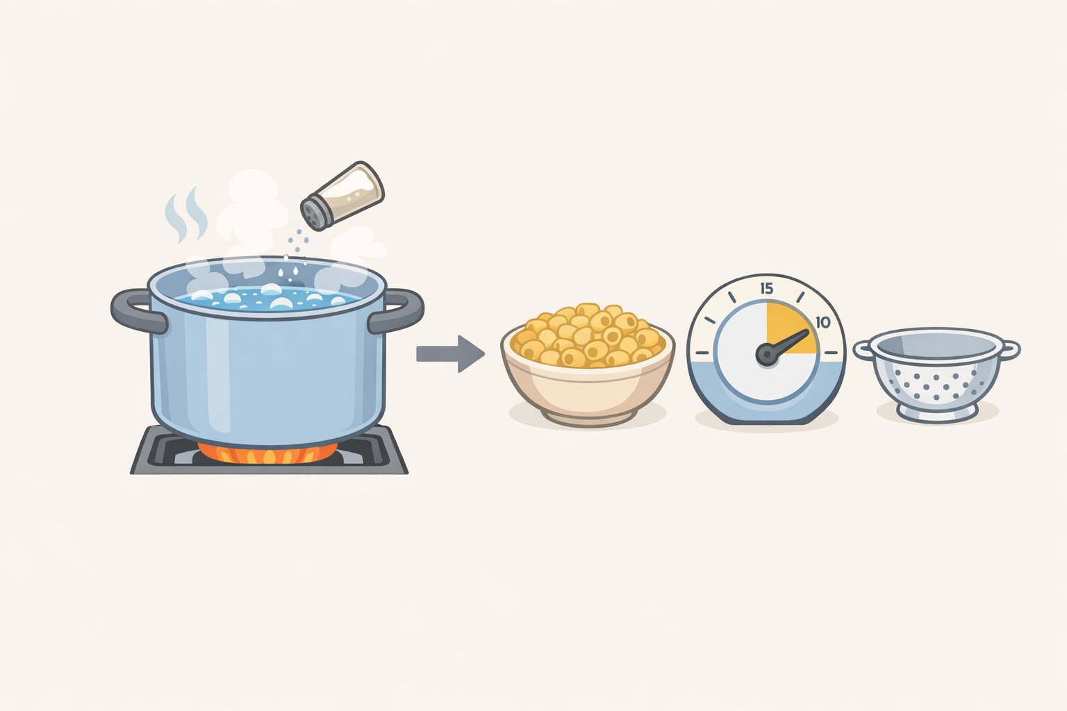Illustration of a large pot of salted boiling water with ditalini being stirred, showing where to reserve pasta water for the creamy garlicky alfredo ditalini recipe