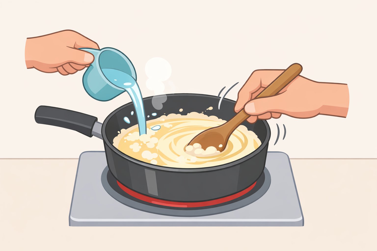 Illustration of a separated, greasy Alfredo sauce at rest that is repaired by whisking in small splashes of hot pasta water until it pulls together