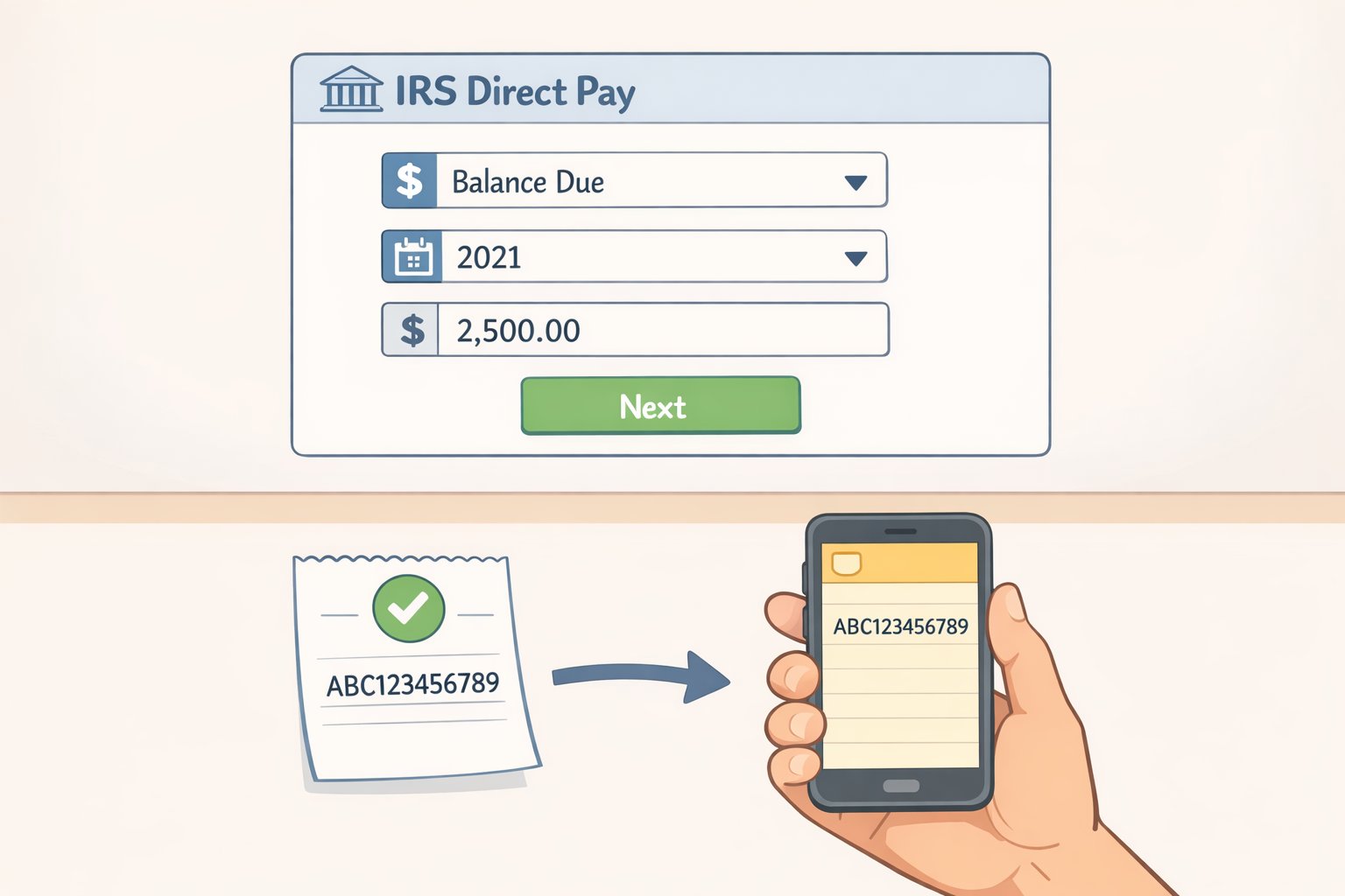 Illustration of an IRS Direct Pay balance-due page with fields for tax year, bank/card details, and a highlighted confirmation number the taxpayer should keep