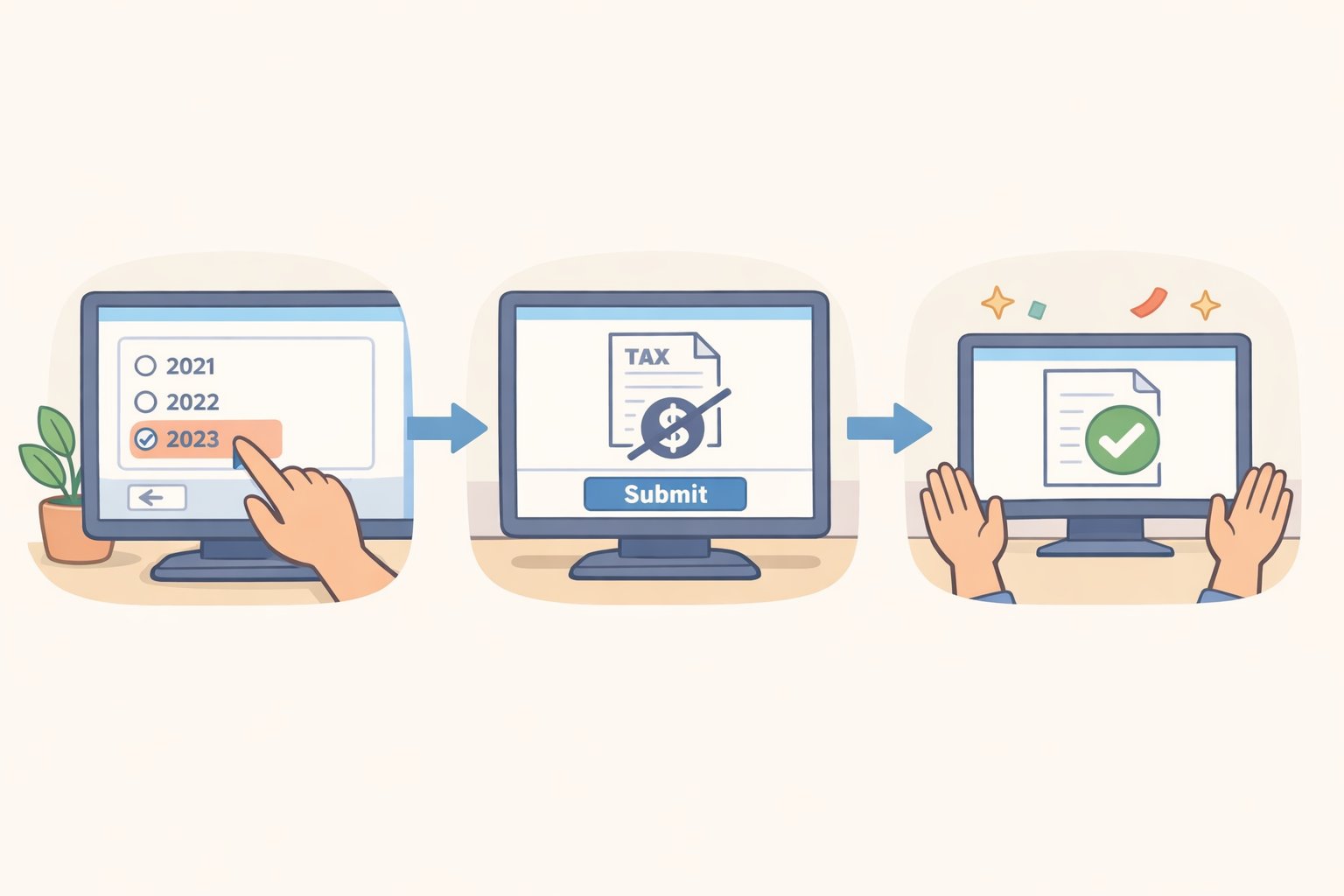 Screenshot-style illustration of a tax filing checklist where a taxpayer submits an unfiled return even though the payment box is empty, showing steps for what to do if you are behind on taxes